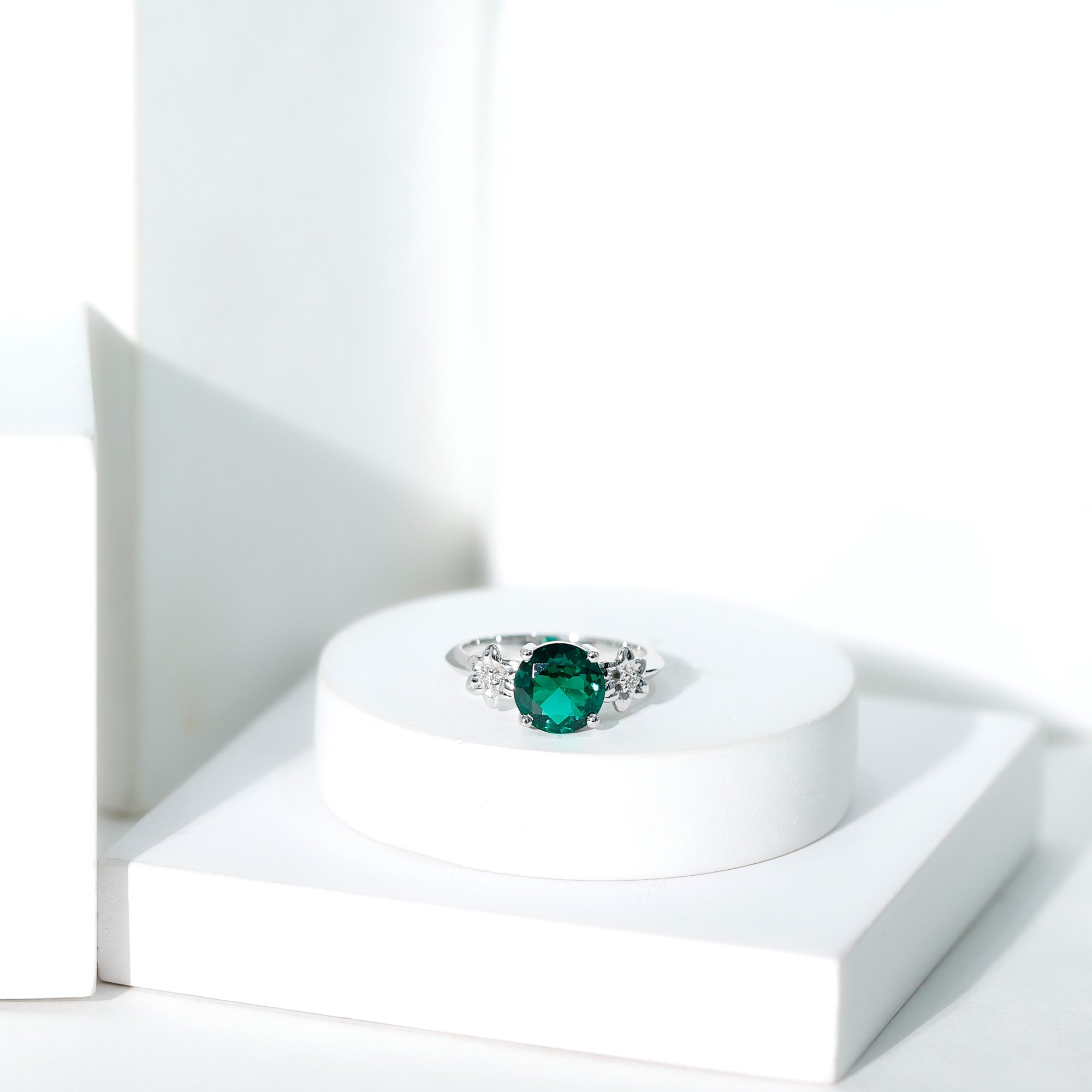 Certified Lab Grown Emerald Flower Engagement Ring with Diamond
