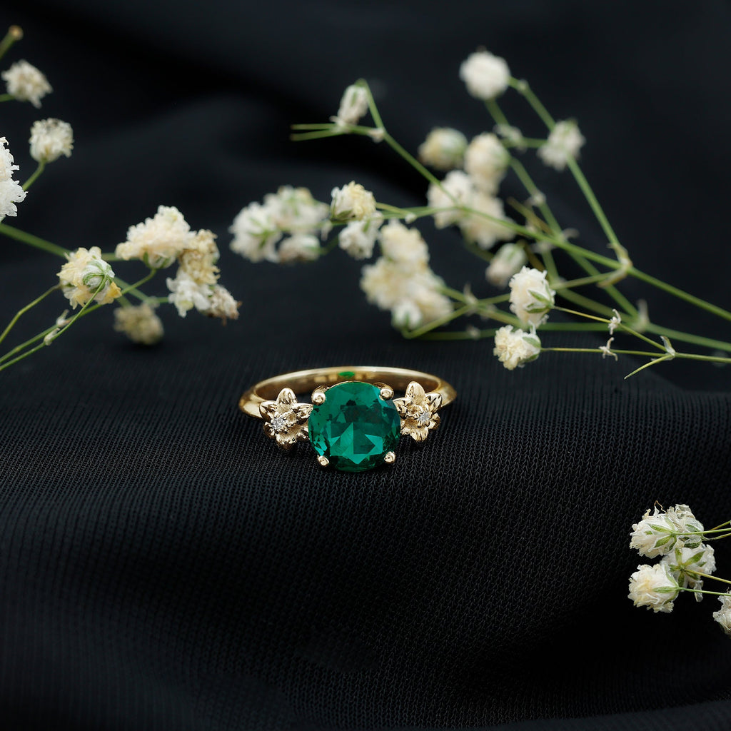 Certified Lab Grown Emerald Flower Engagement Ring with Diamond