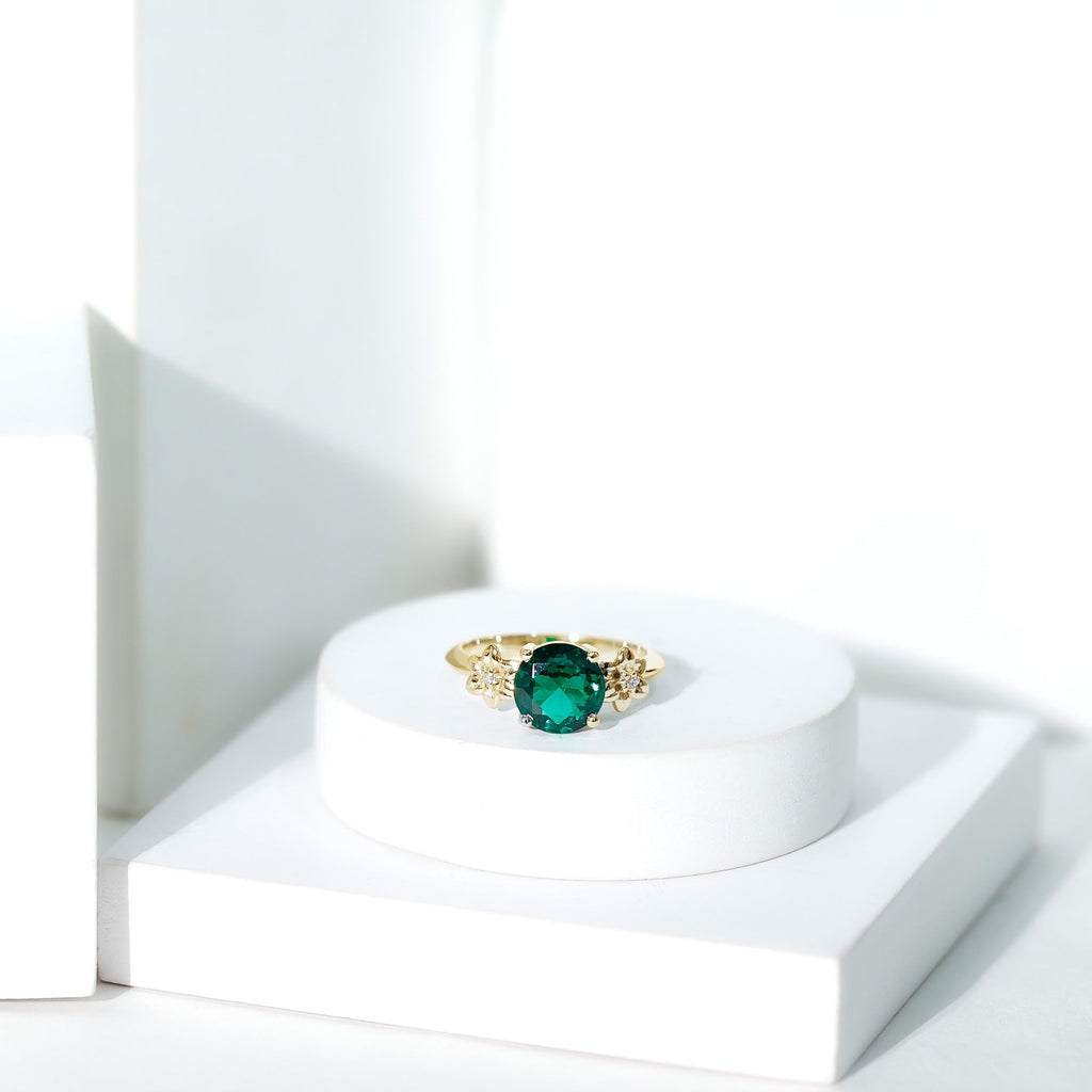 Certified Lab Grown Emerald Flower Engagement Ring with Diamond