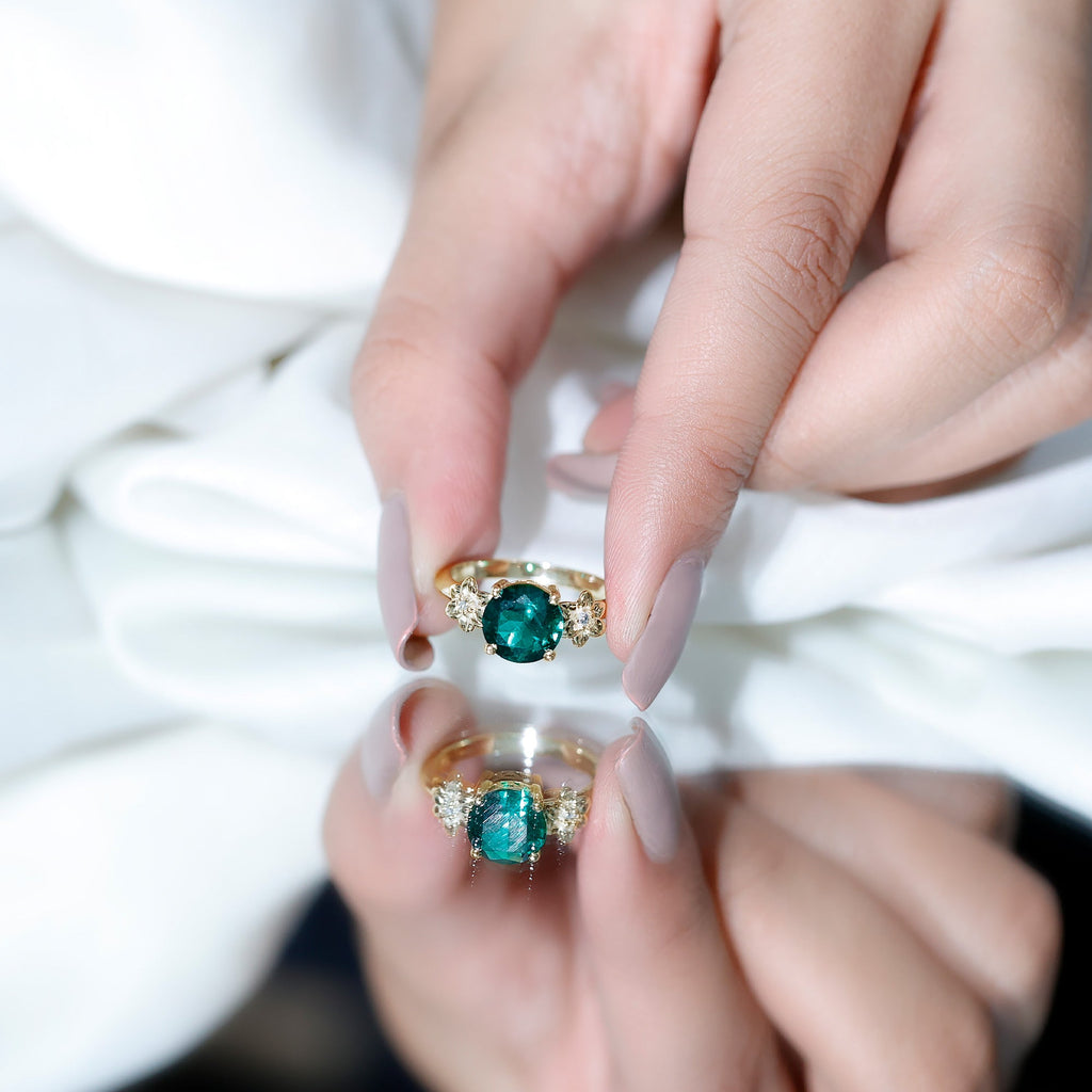 Certified Lab Grown Emerald Flower Engagement Ring with Diamond