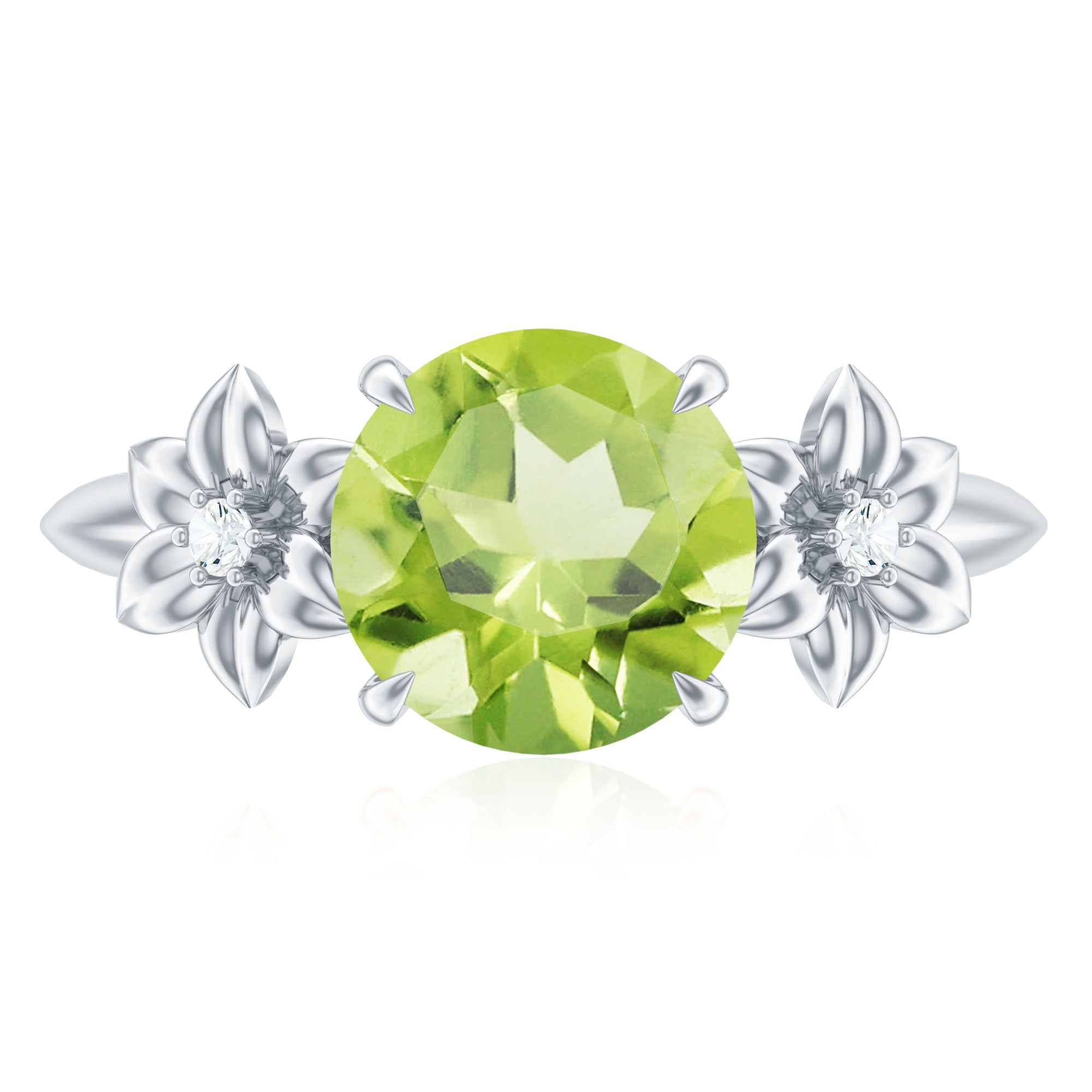 Natural 2 Carat Peridot Flower Engagement Ring with Diamond