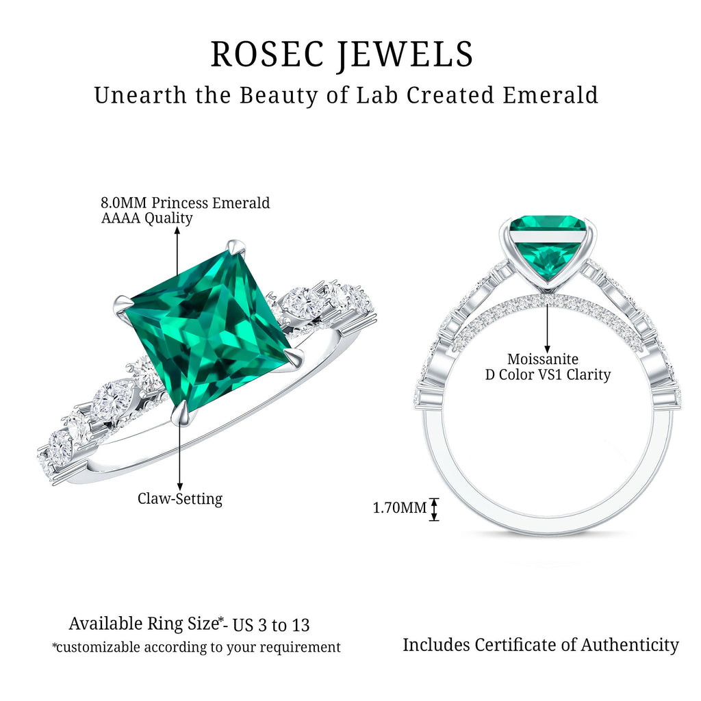 2.4 Carat Solitaire Lab Emerald Princess Cut Engagement Ring with Moissanite