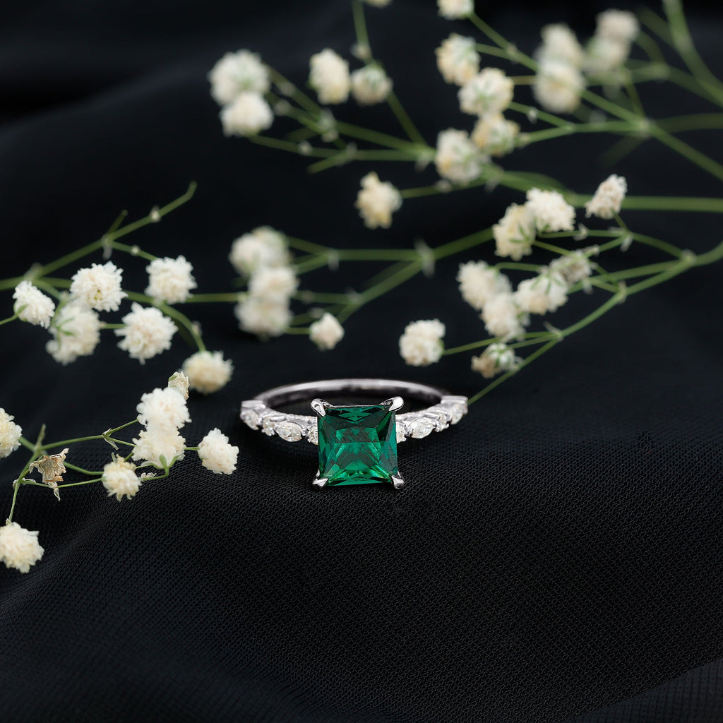 2.4 Carat Solitaire Lab Emerald Princess Cut Engagement Ring with Moissanite