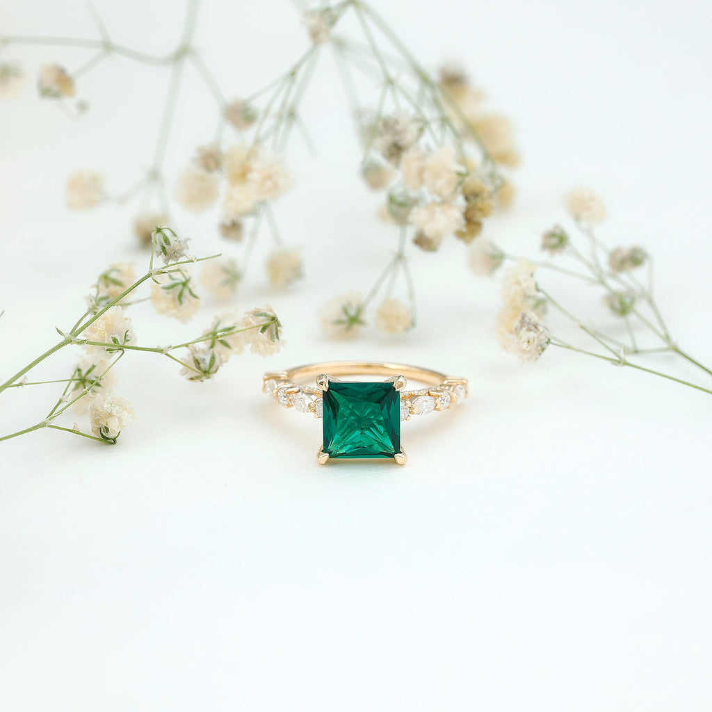 2.4 Carat Solitaire Lab Emerald Princess Cut Engagement Ring with Moissanite