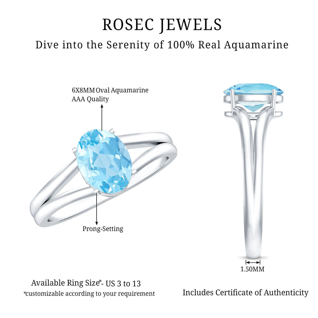 Genuine Oval Aquamarine Solitaire Engagement Ring in Split Shank