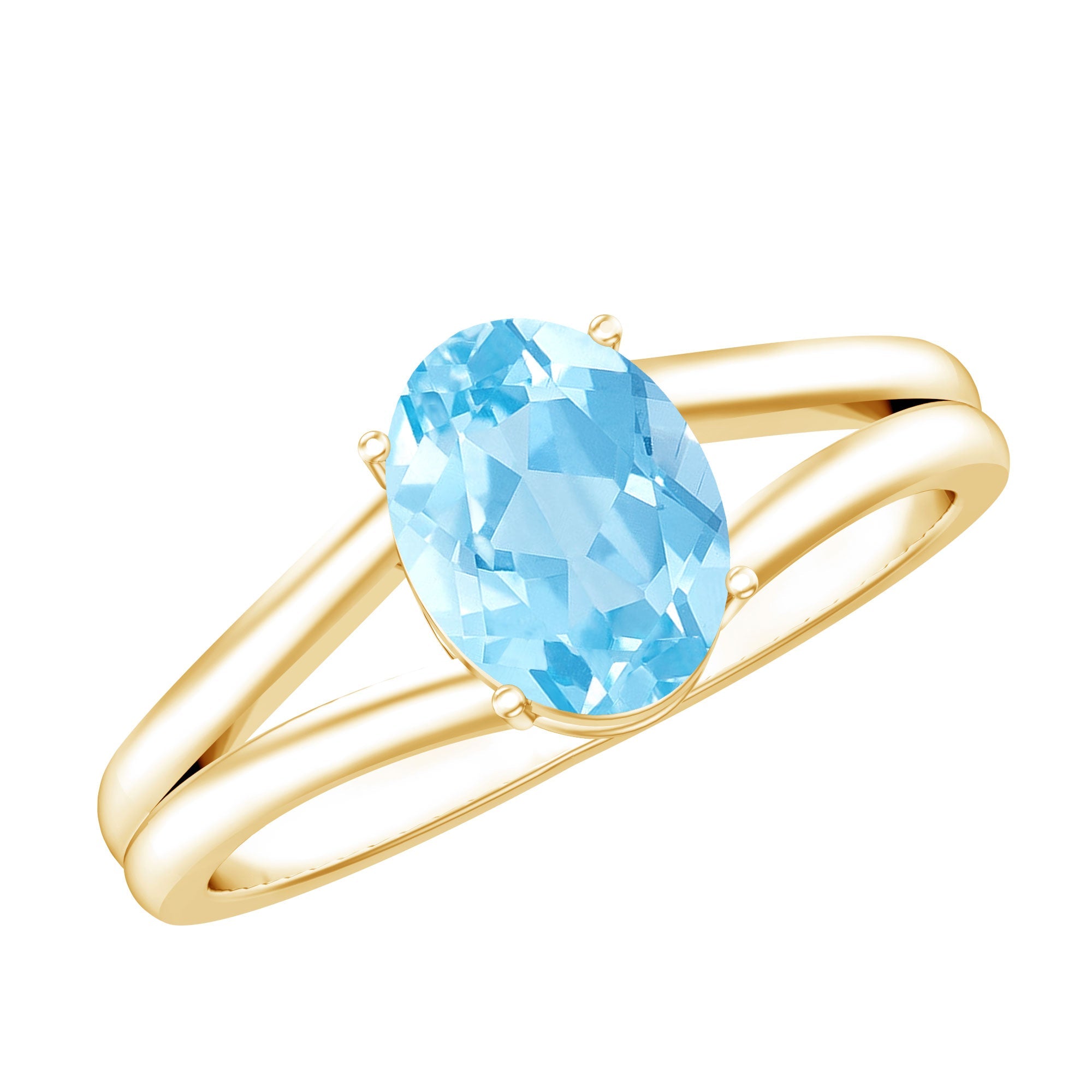 Genuine Oval Aquamarine Solitaire Engagement Ring in Split Shank