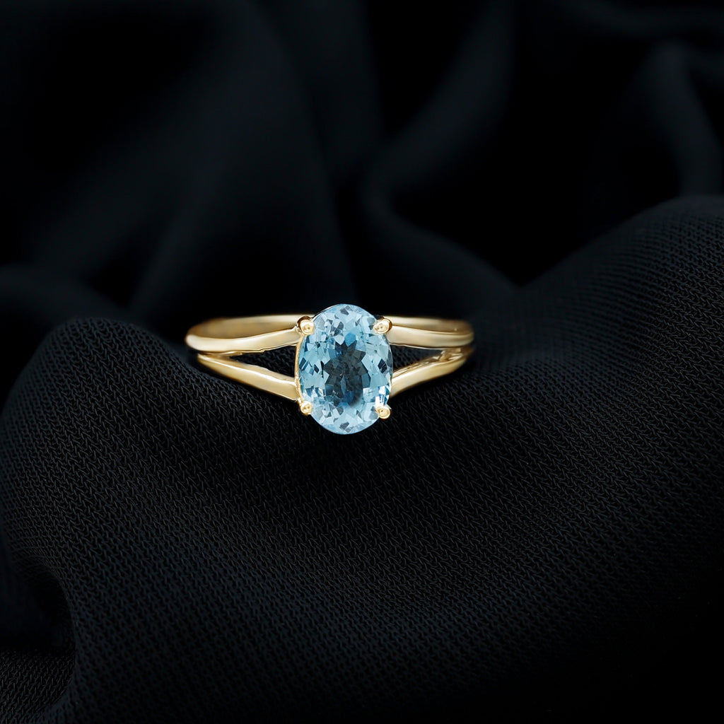 Genuine Oval Aquamarine Solitaire Engagement Ring in Split Shank