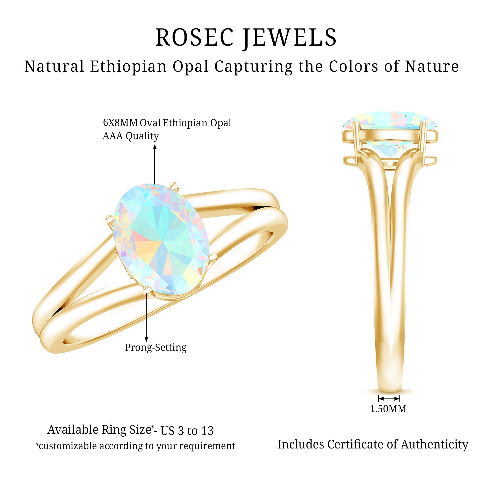 1.2 Carat Genuine Oval Ethiopian Rainbow Opal Split Shank Engagement Ring