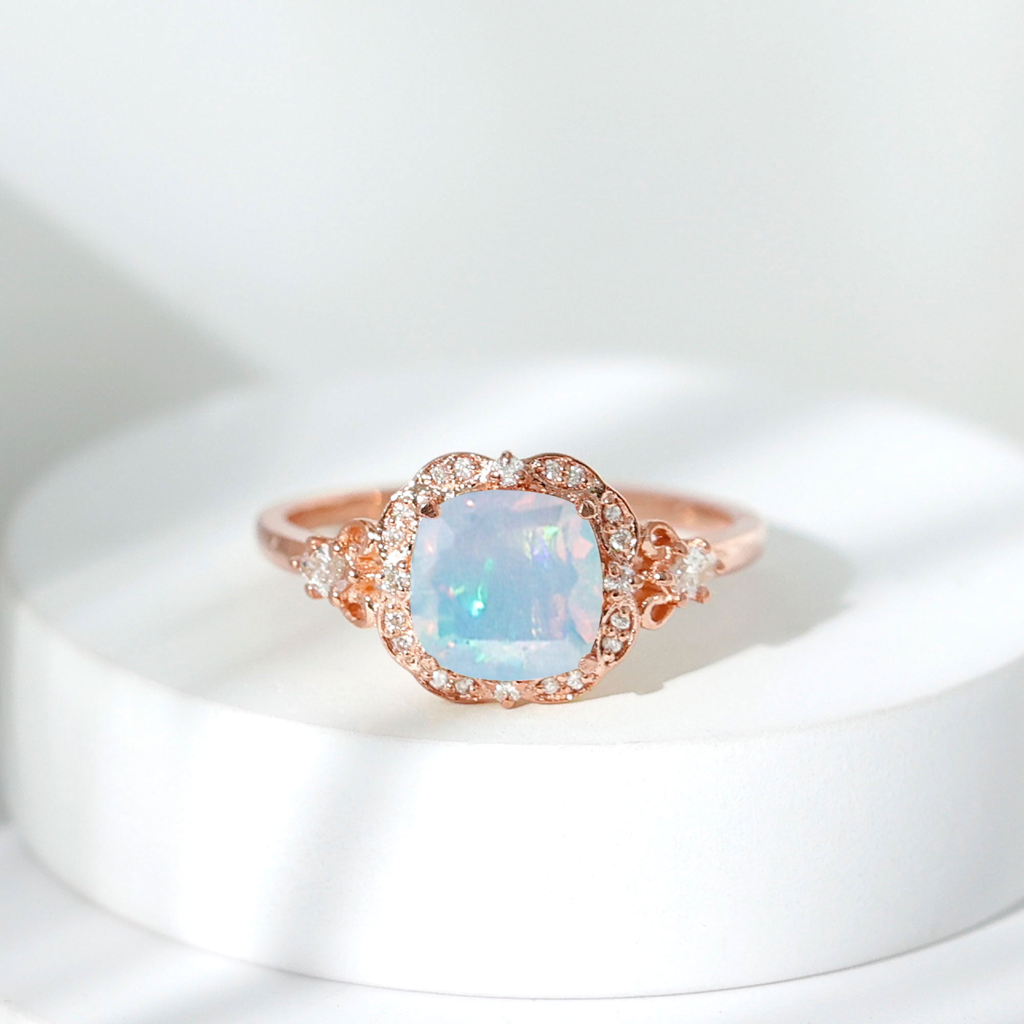 Real Cushion Cut Ethiopian Opal Antique Looking Engagement Ring with Diamond