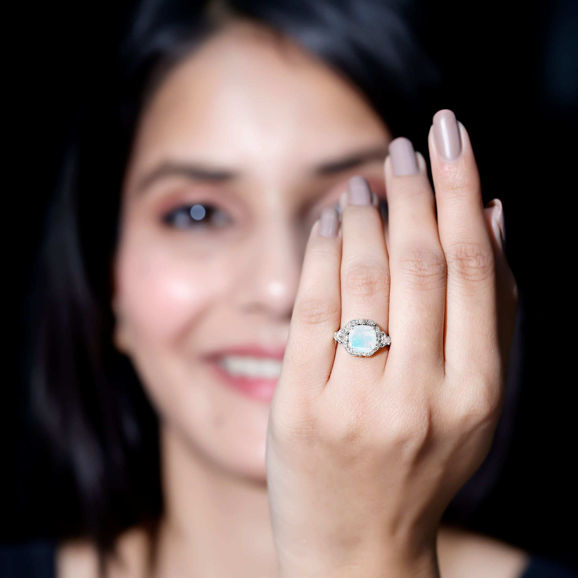 Real Cushion Cut Ethiopian Opal Antique Looking Engagement Ring with Diamond
