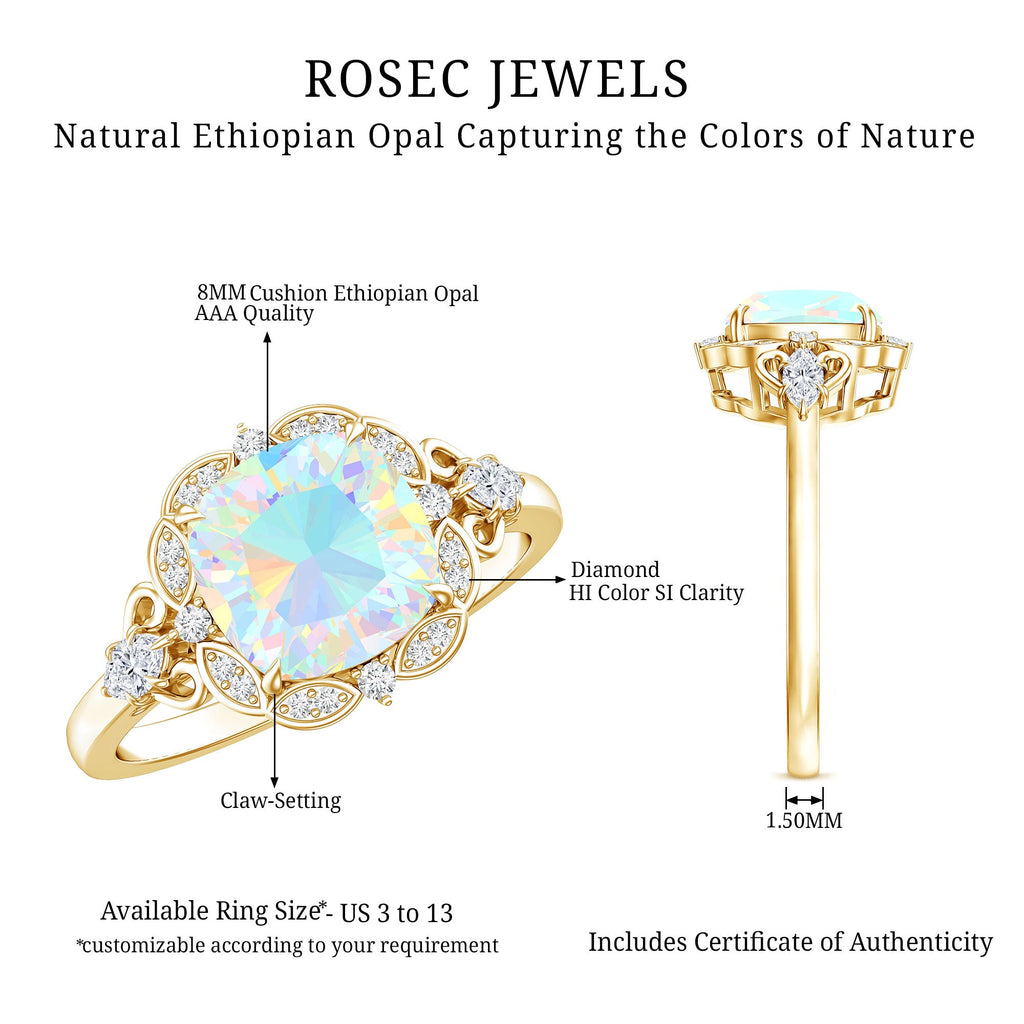 Real Cushion Cut Ethiopian Opal Antique Looking Engagement Ring with Diamond