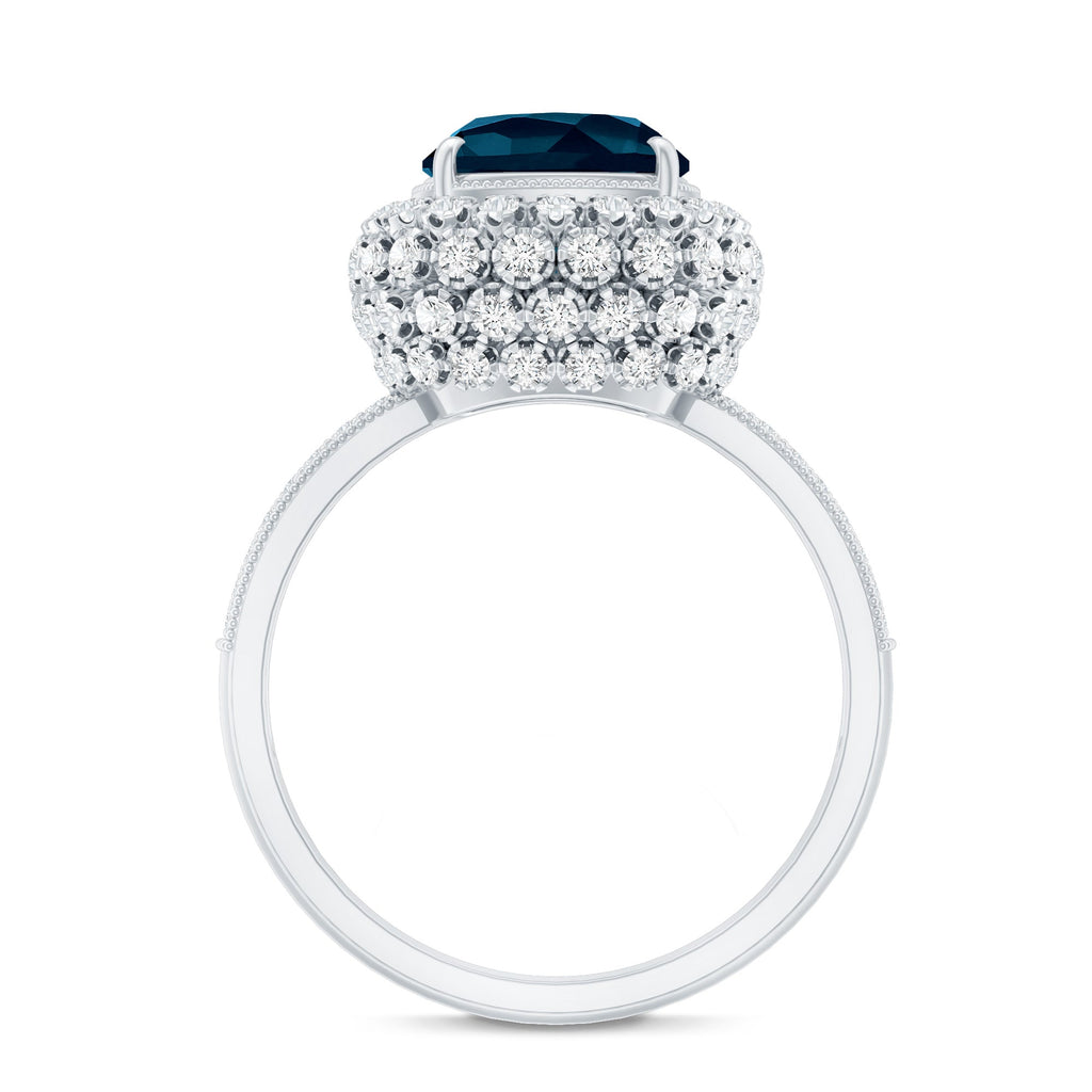 Vintage Inspired London Blue Topaz Designer Engagement Ring with Moissanite
