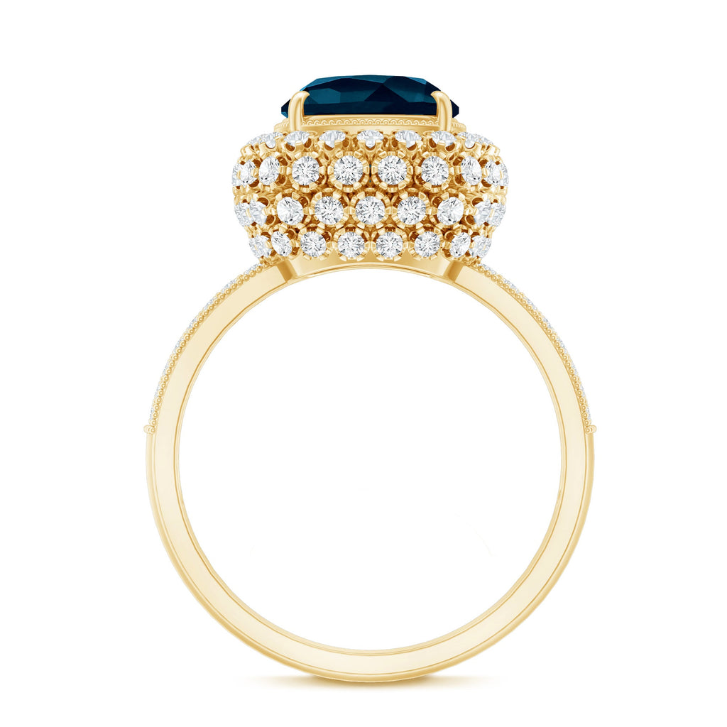 Vintage Inspired London Blue Topaz Designer Engagement Ring with Moissanite