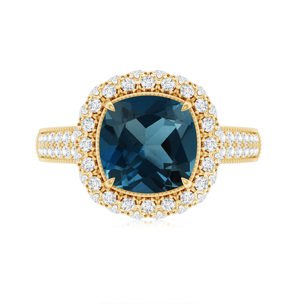 Vintage Inspired London Blue Topaz Designer Engagement Ring with Moissanite