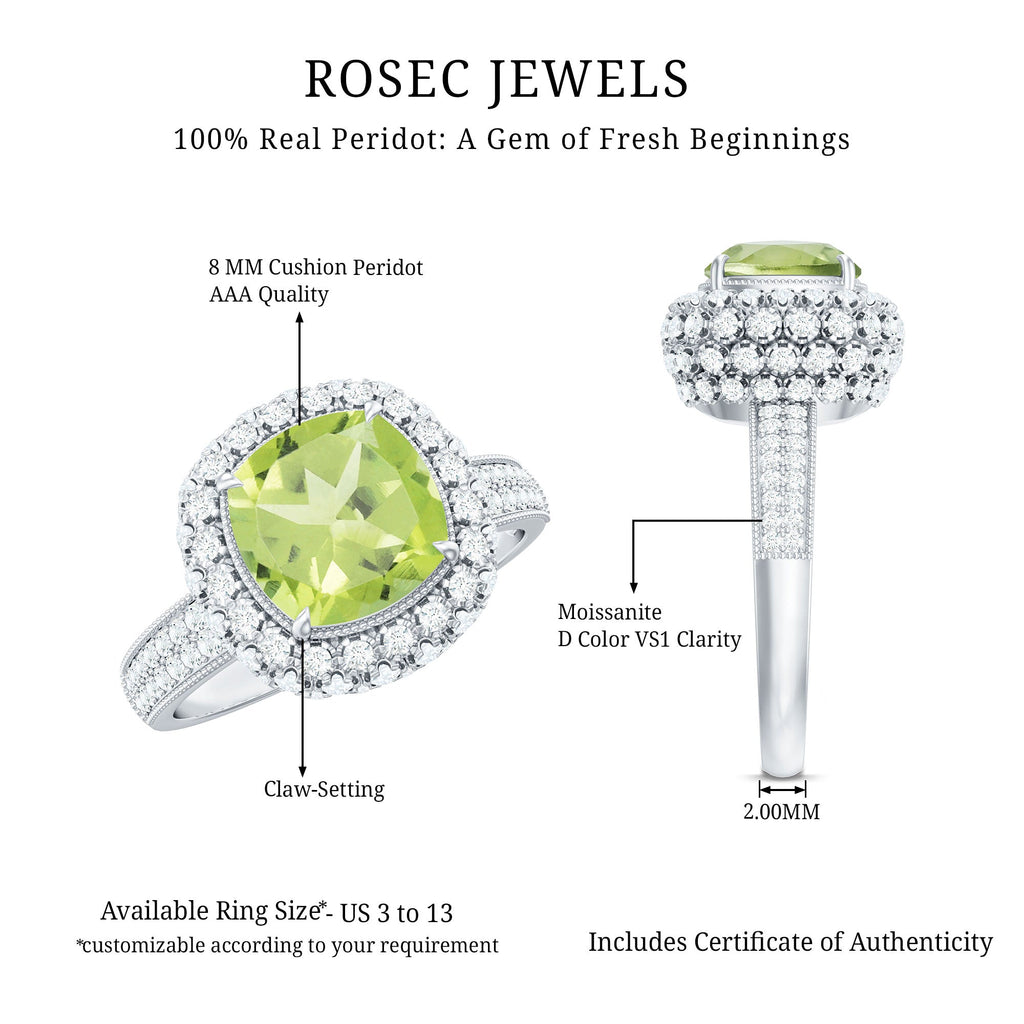 Antique Style 2 Carat Cushion Cut Peridot Engagement Ring with Moissanite Halo