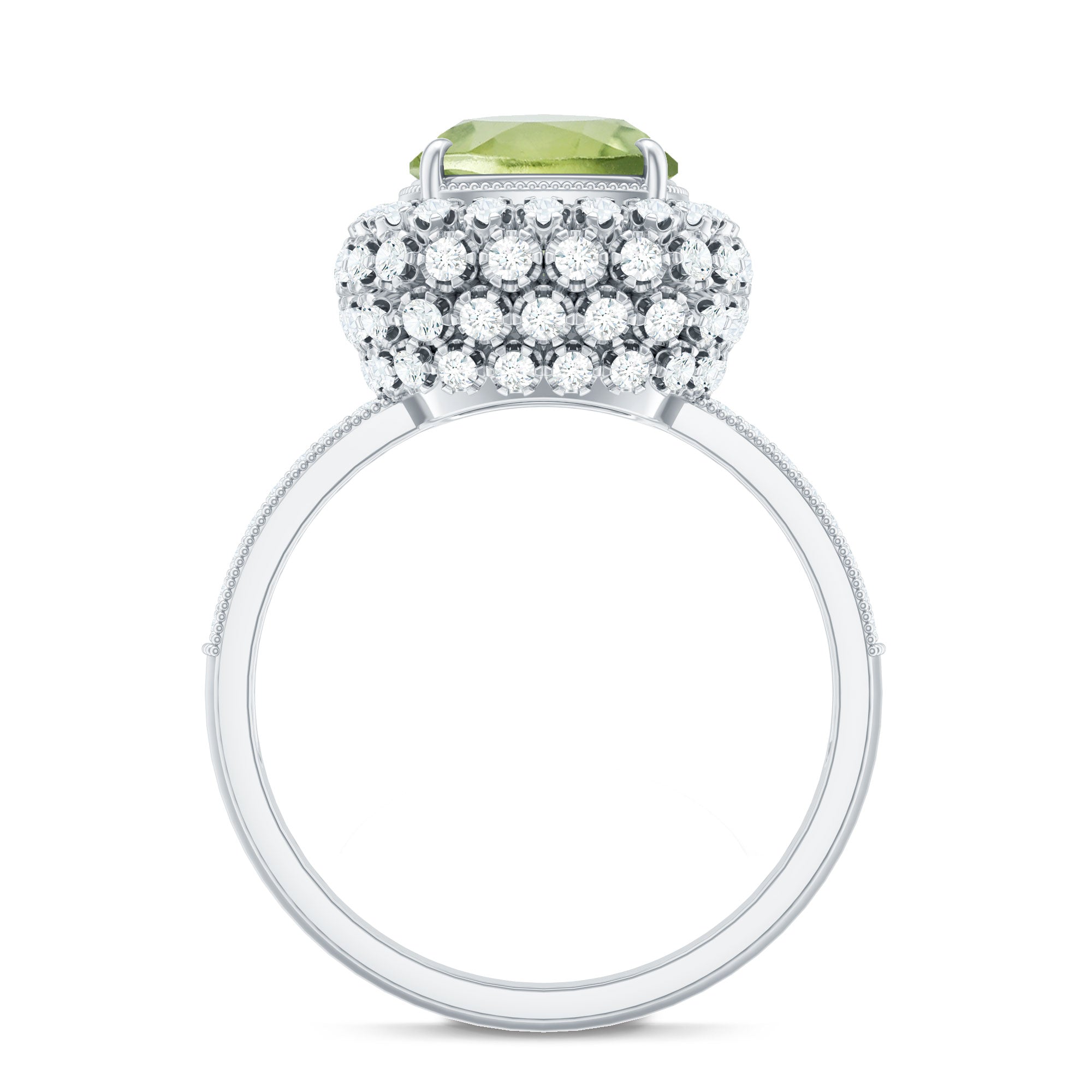 Antique Style 2 Carat Cushion Cut Peridot Engagement Ring with Moissanite Halo