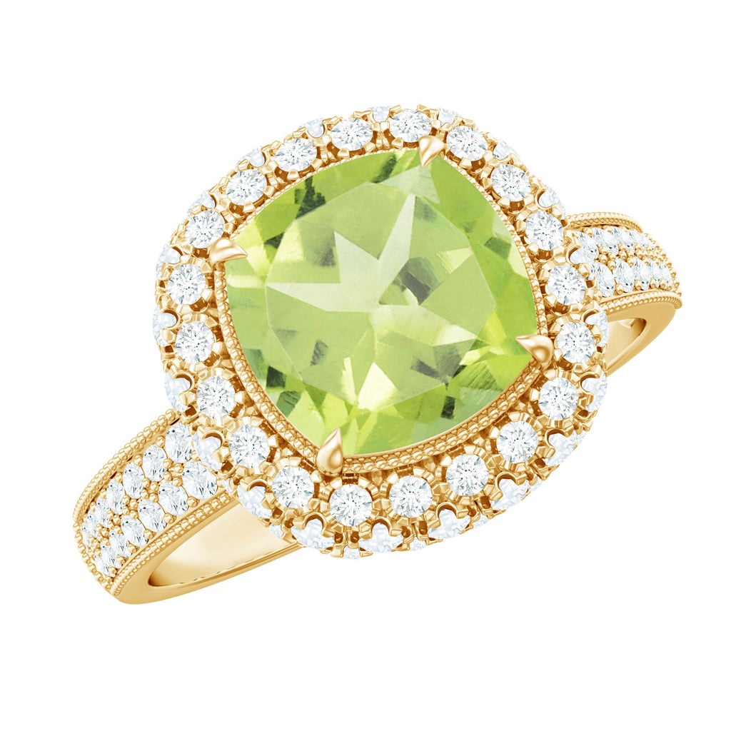 Antique Style 2 Carat Cushion Cut Peridot Engagement Ring with Moissanite Halo