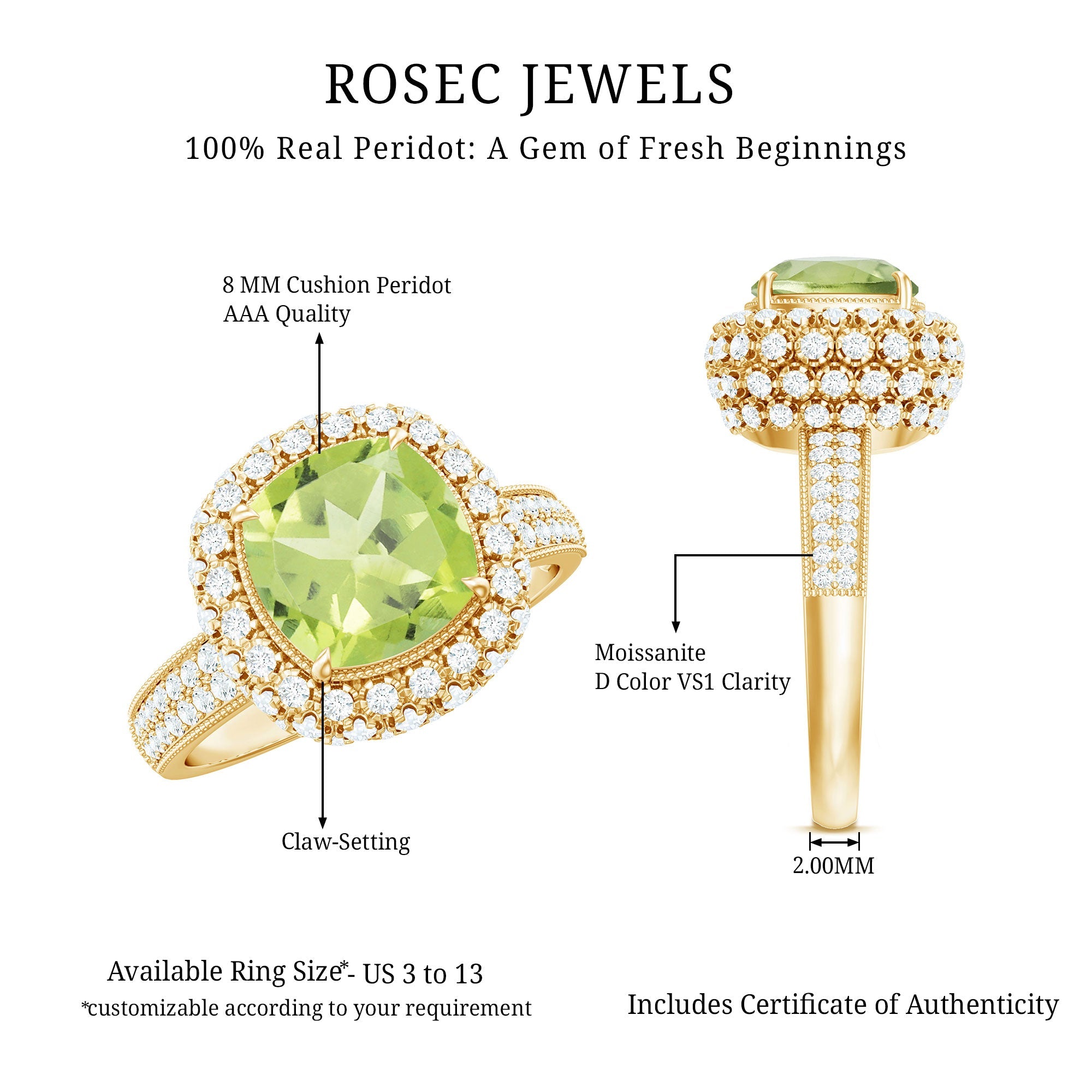 Antique Style 2 Carat Cushion Cut Peridot Engagement Ring with Moissanite Halo