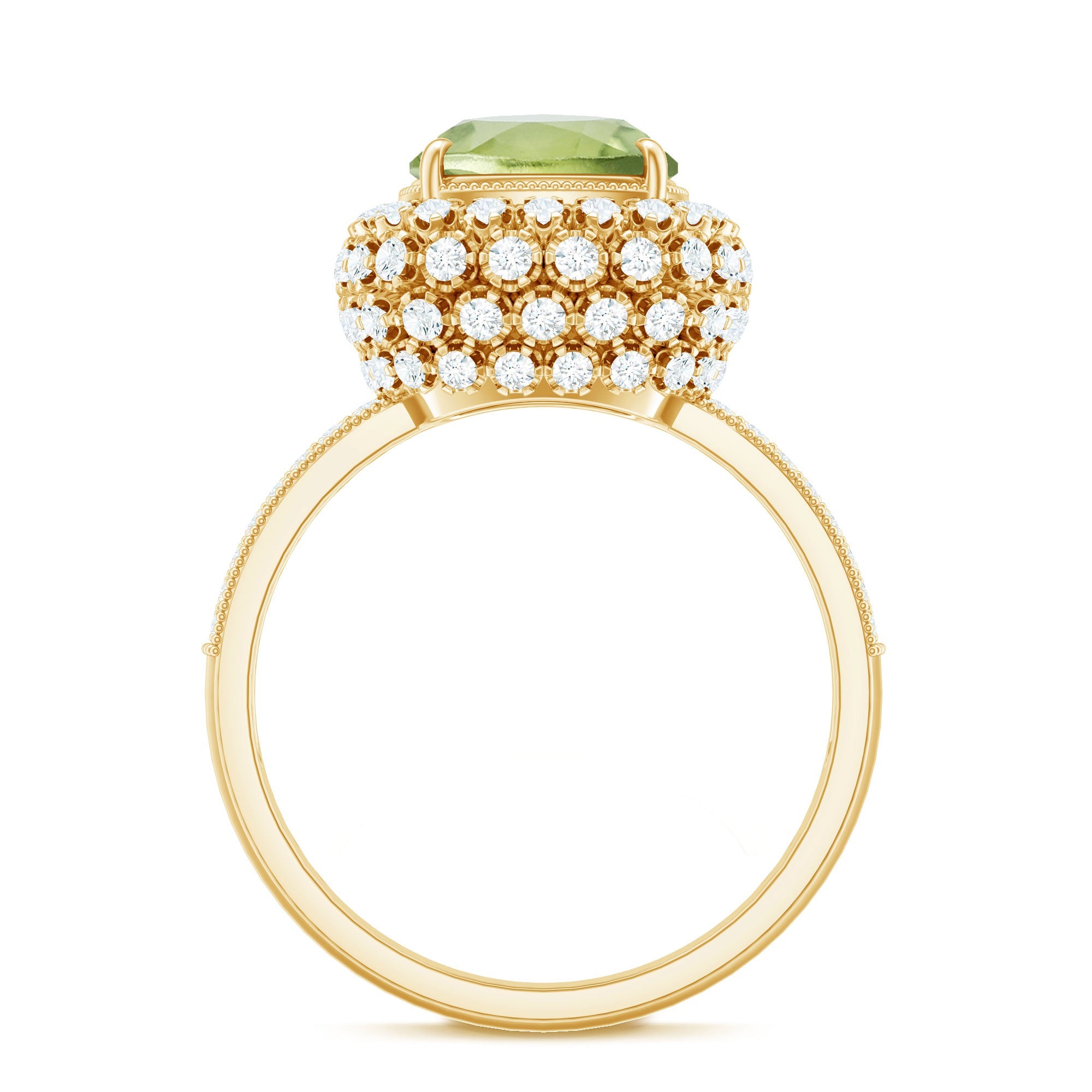 Antique Style 2 Carat Cushion Cut Peridot Engagement Ring with Moissanite Halo