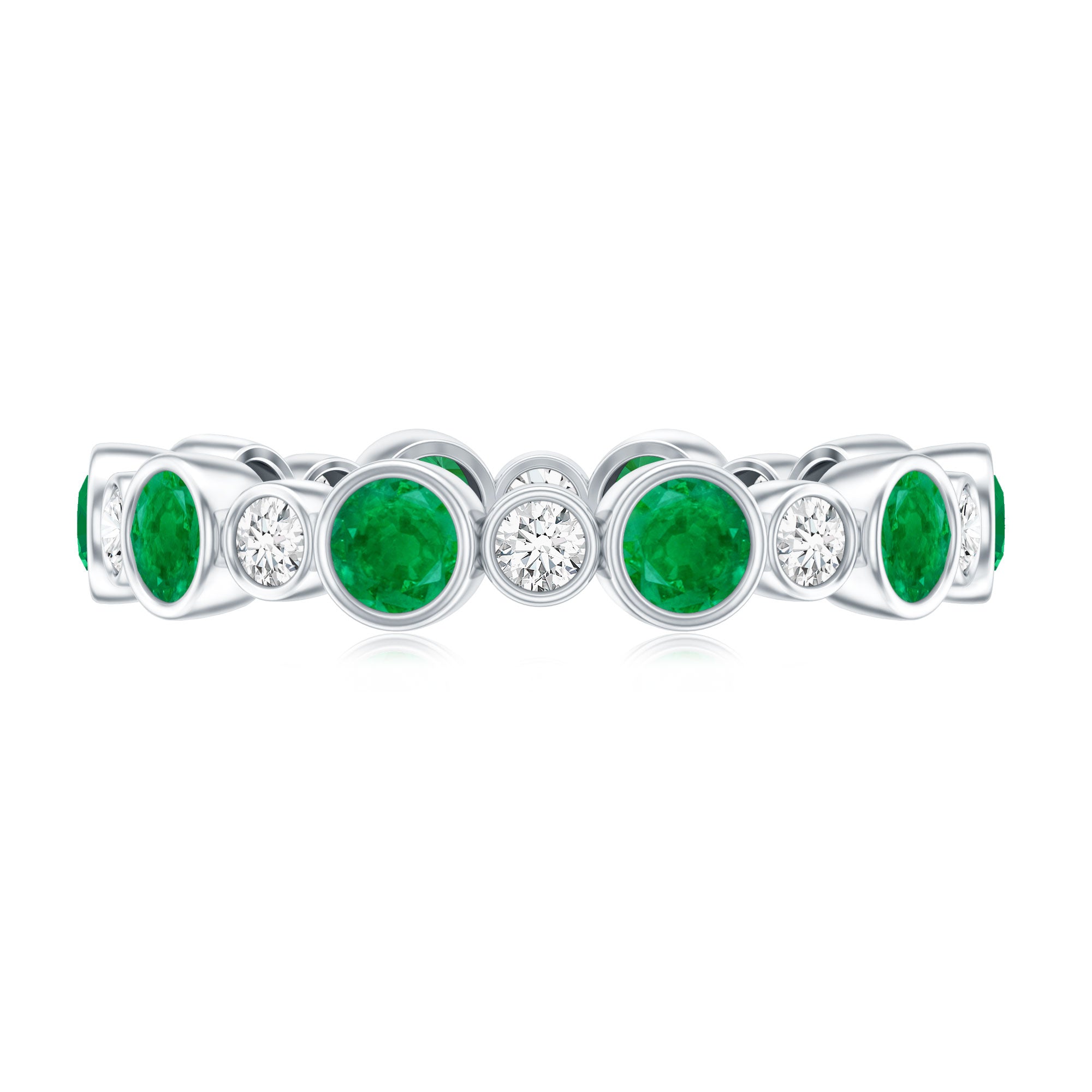 Bezel Set Round Emerald and Diamond Eternity Wedding Band