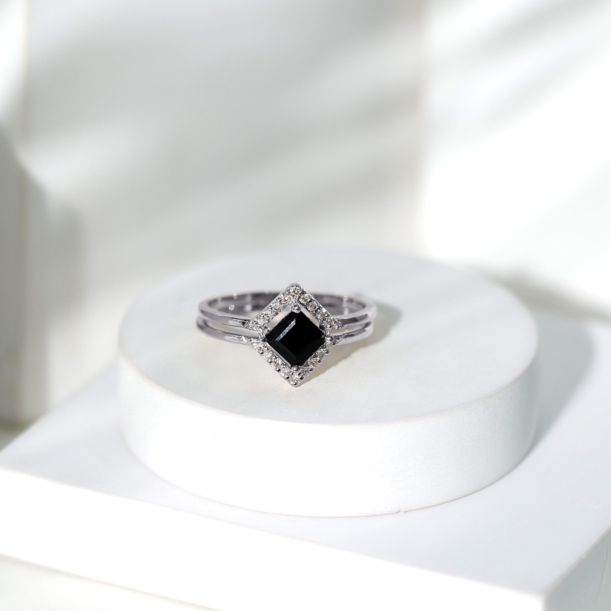 Real Black Onyx and Diamond Princess Cut Engagement Ring With Ring Guard