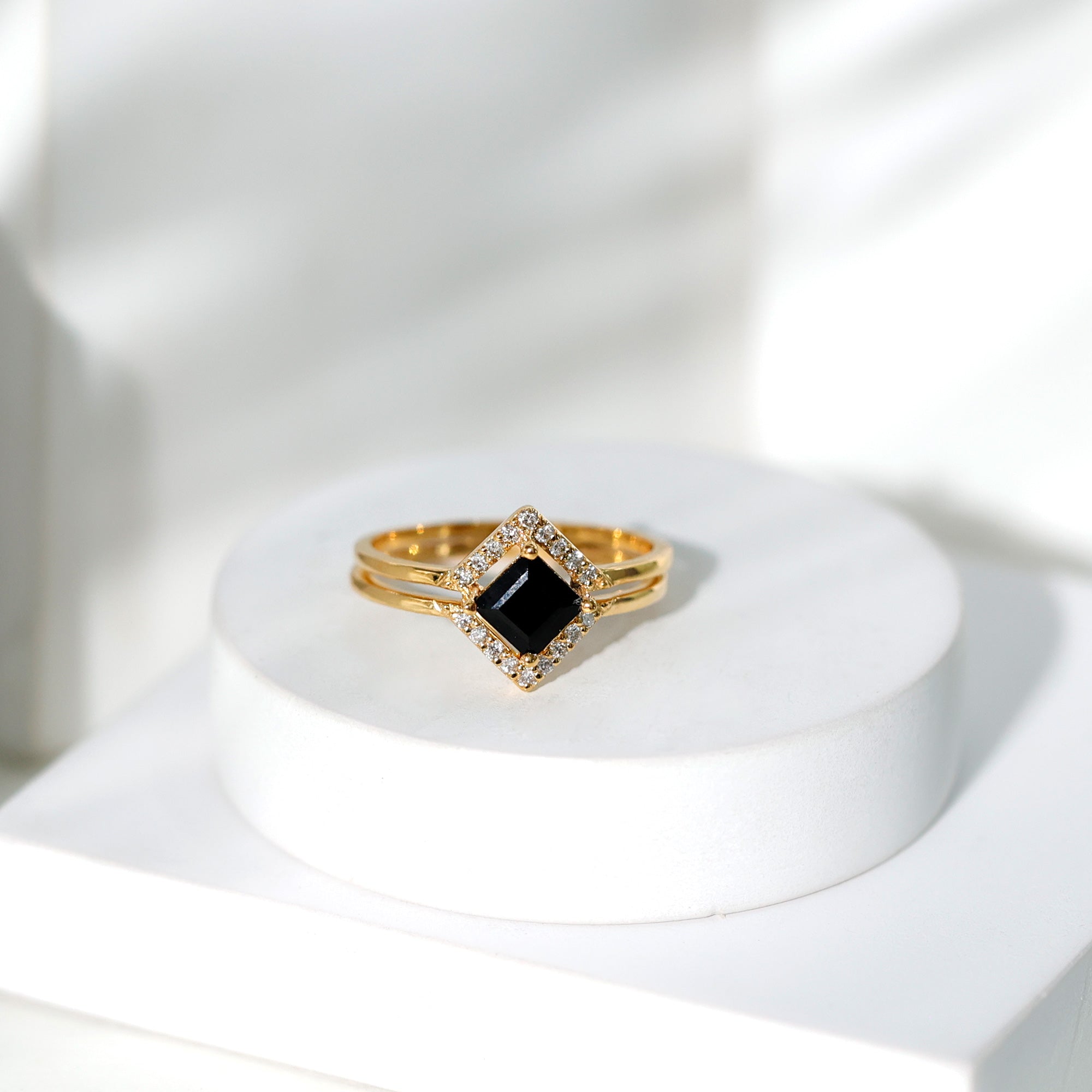 Real Black Onyx and Diamond Princess Cut Engagement Ring With Ring Guard