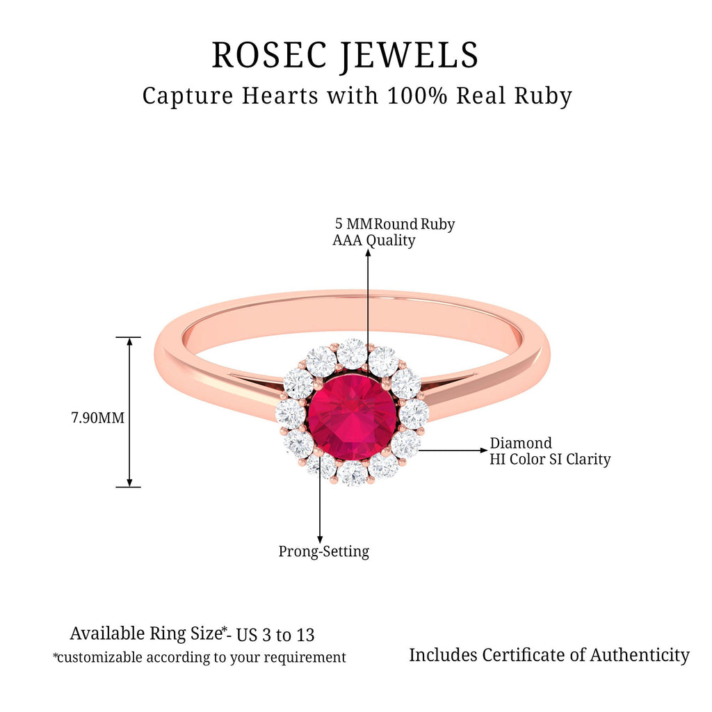 Natural 0.6 Carat Ruby Engagement Ring with Diamond Halo