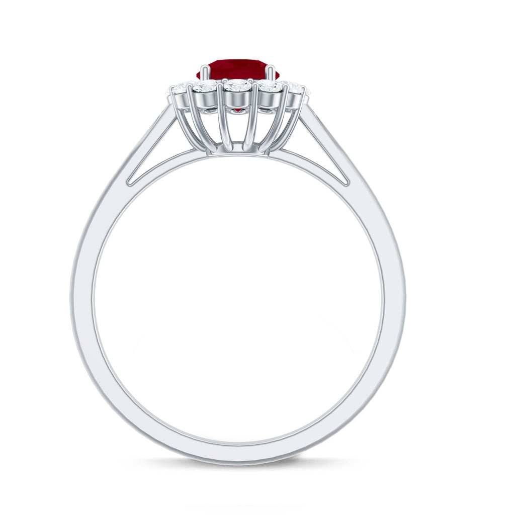Natural 0.6 Carat Ruby Engagement Ring with Diamond Halo