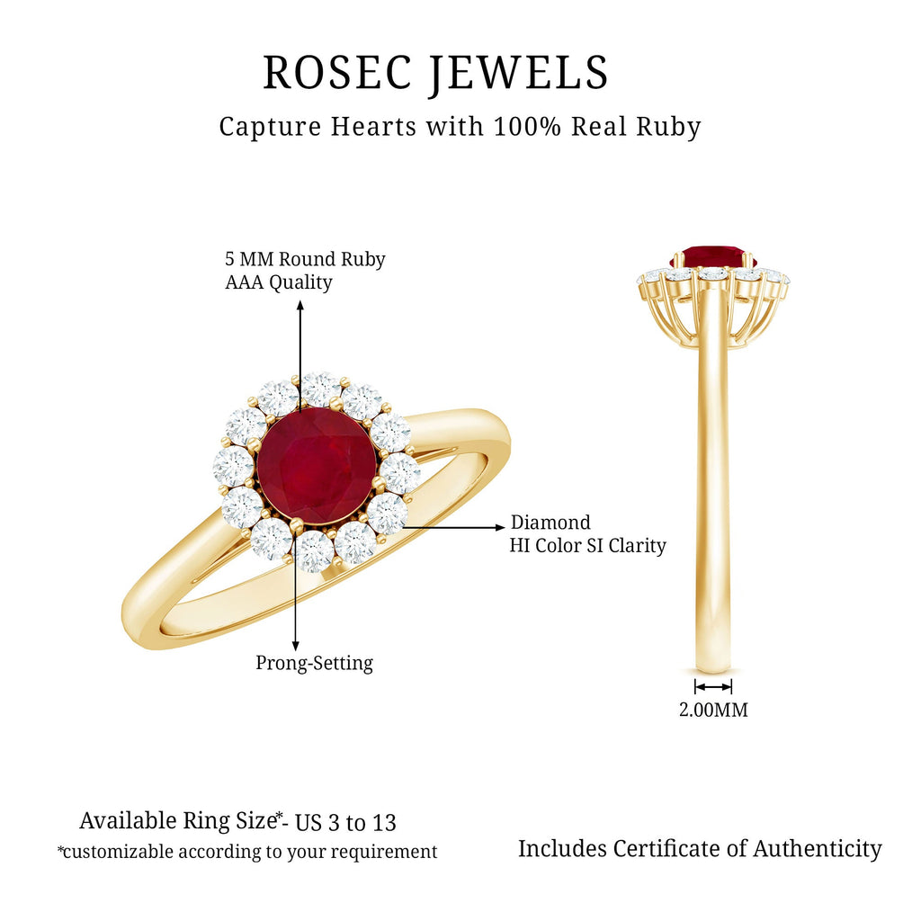 Natural 0.6 Carat Ruby Engagement Ring with Diamond Halo