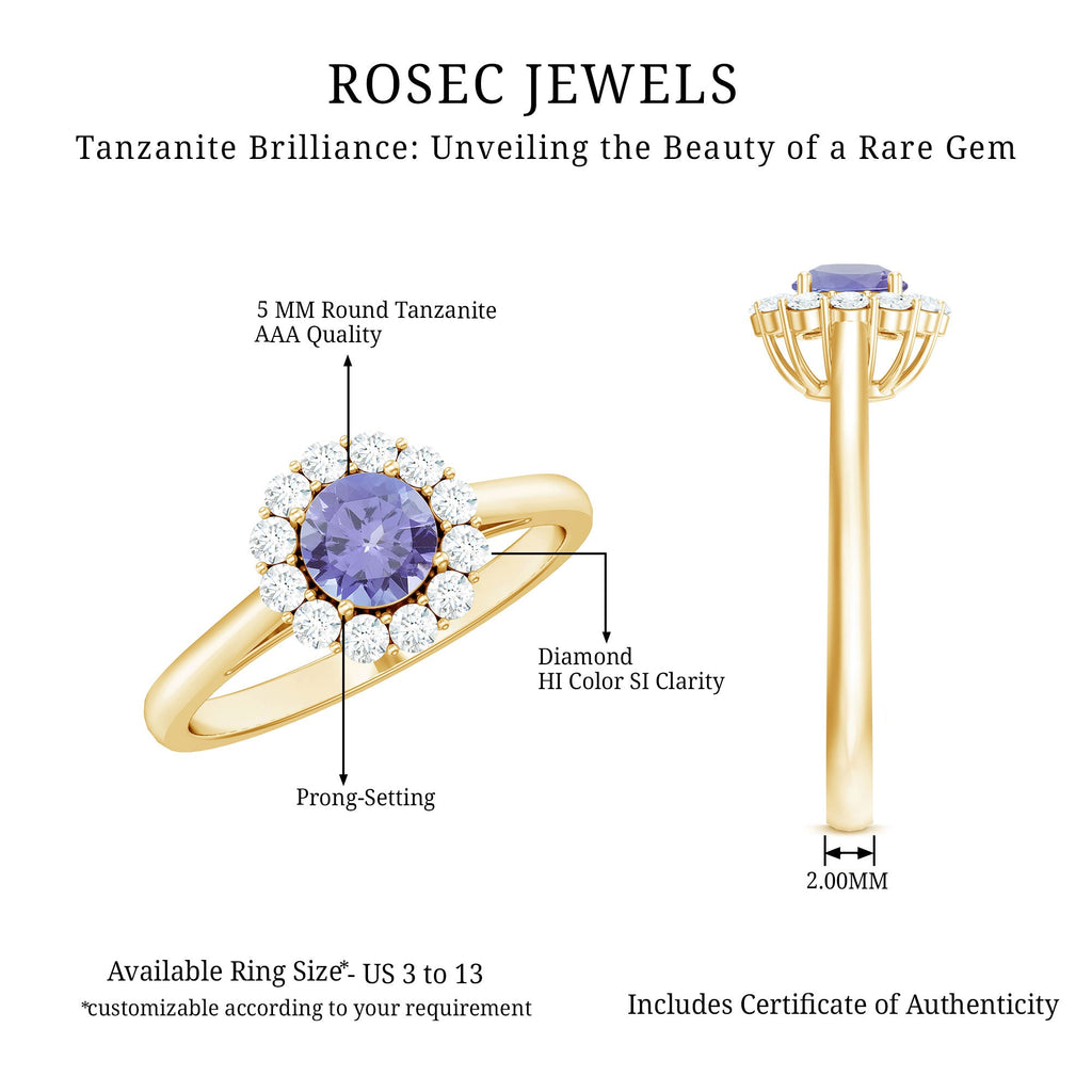 Genuine Tanzanite Classic Engagement Ring with Diamond Halo