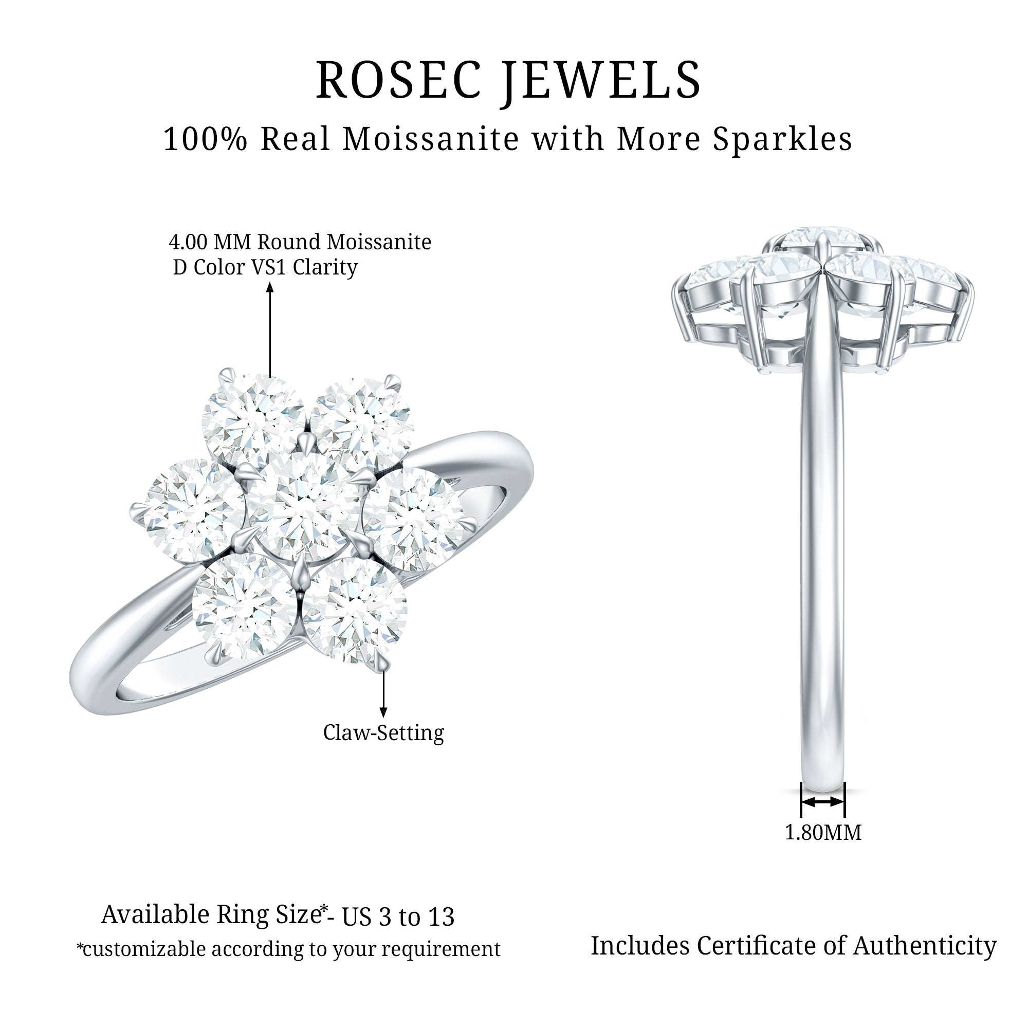 Certified Moissanite Beautiful Flower Engagement Ring