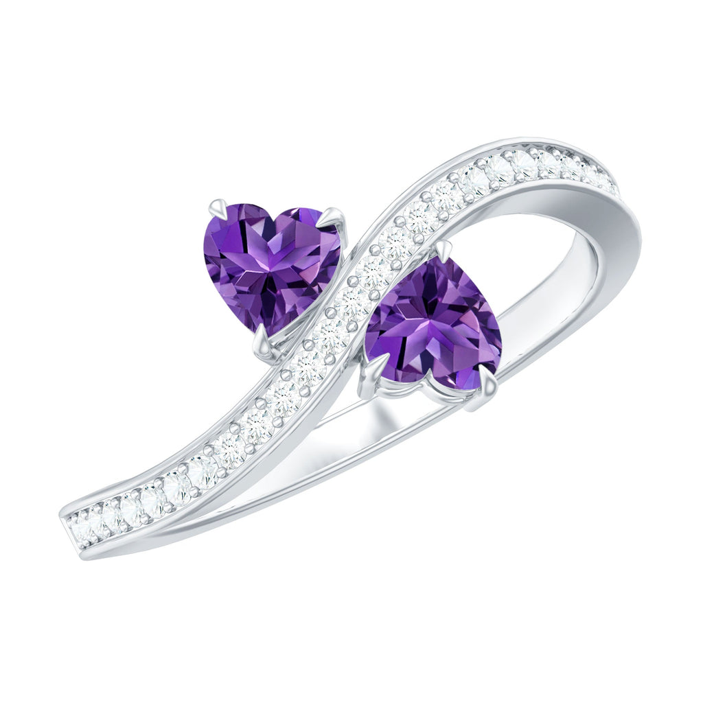 Natural Heart Shape Amethyst Toi Et Moi Engagement Ring with Diamond