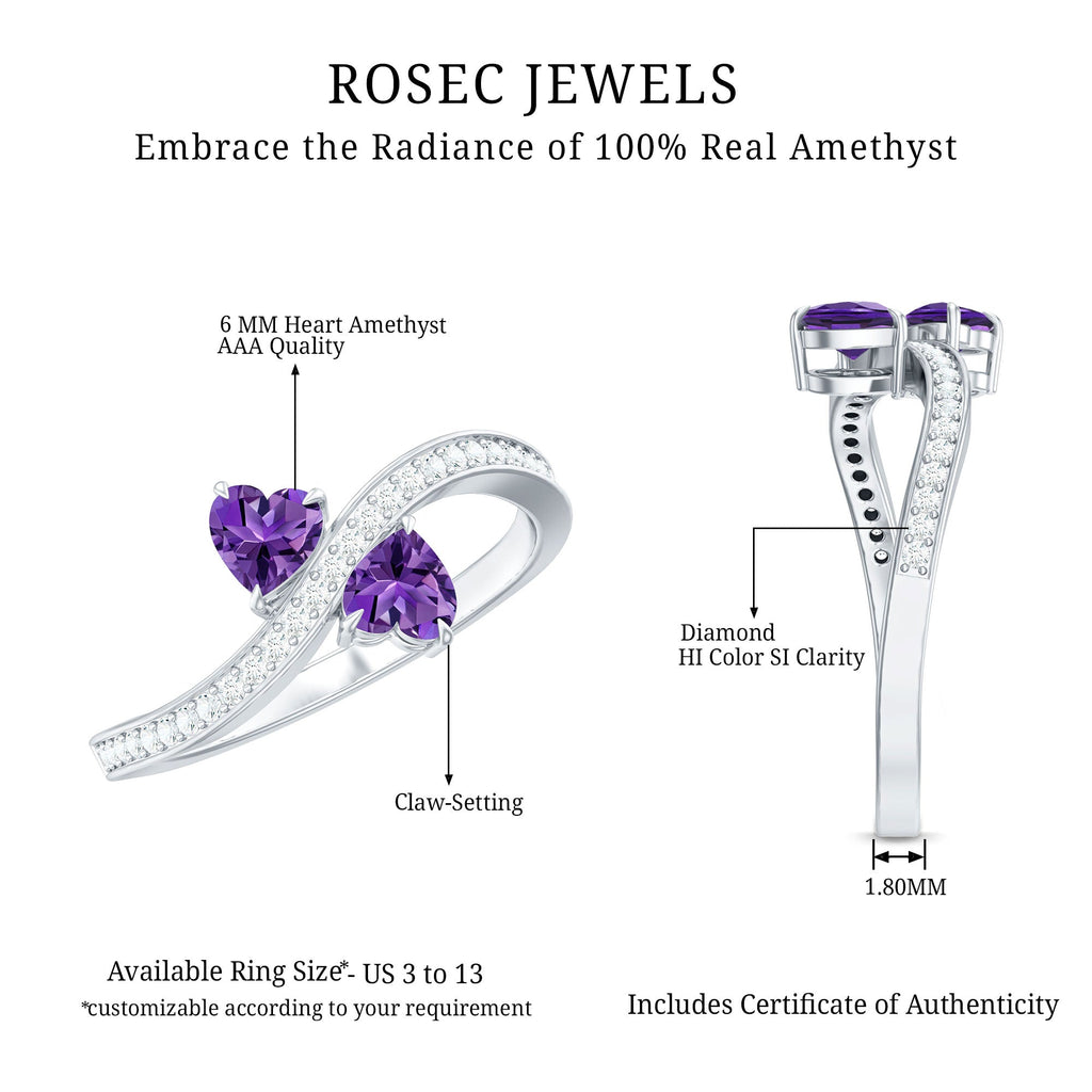 Natural Heart Shape Amethyst Toi Et Moi Engagement Ring with Diamond