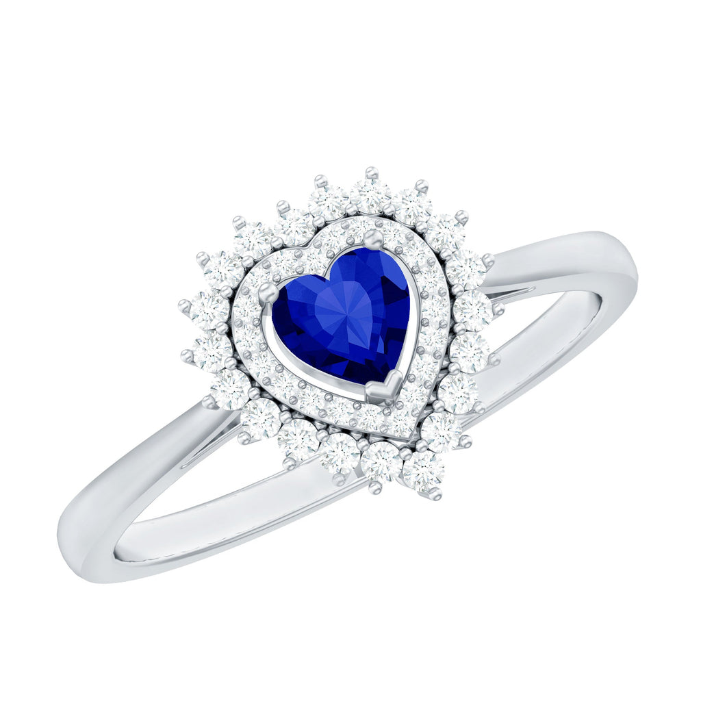 Certified Lab Grown Blue Sapphire Heart Engagement Ring with Diamond Double Halo