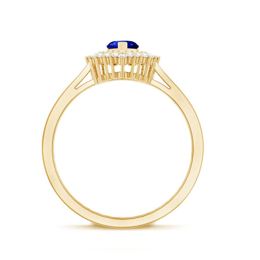 Certified Lab Grown Blue Sapphire Heart Engagement Ring with Diamond Double Halo