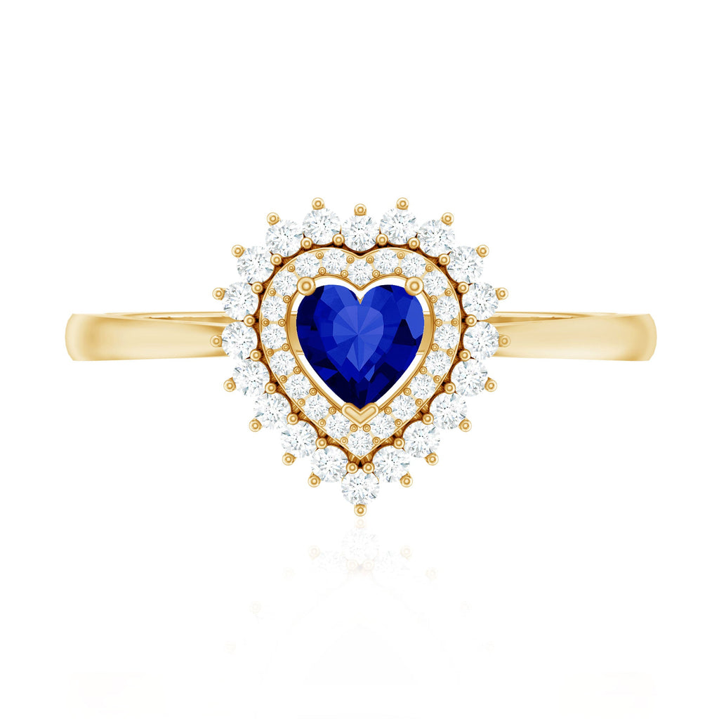 Certified Lab Grown Blue Sapphire Heart Engagement Ring with Diamond Double Halo