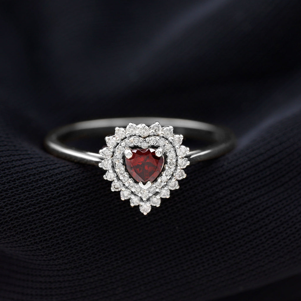 Real Garnet Heart Shaped Engagement Ring with Diamond Double Halo