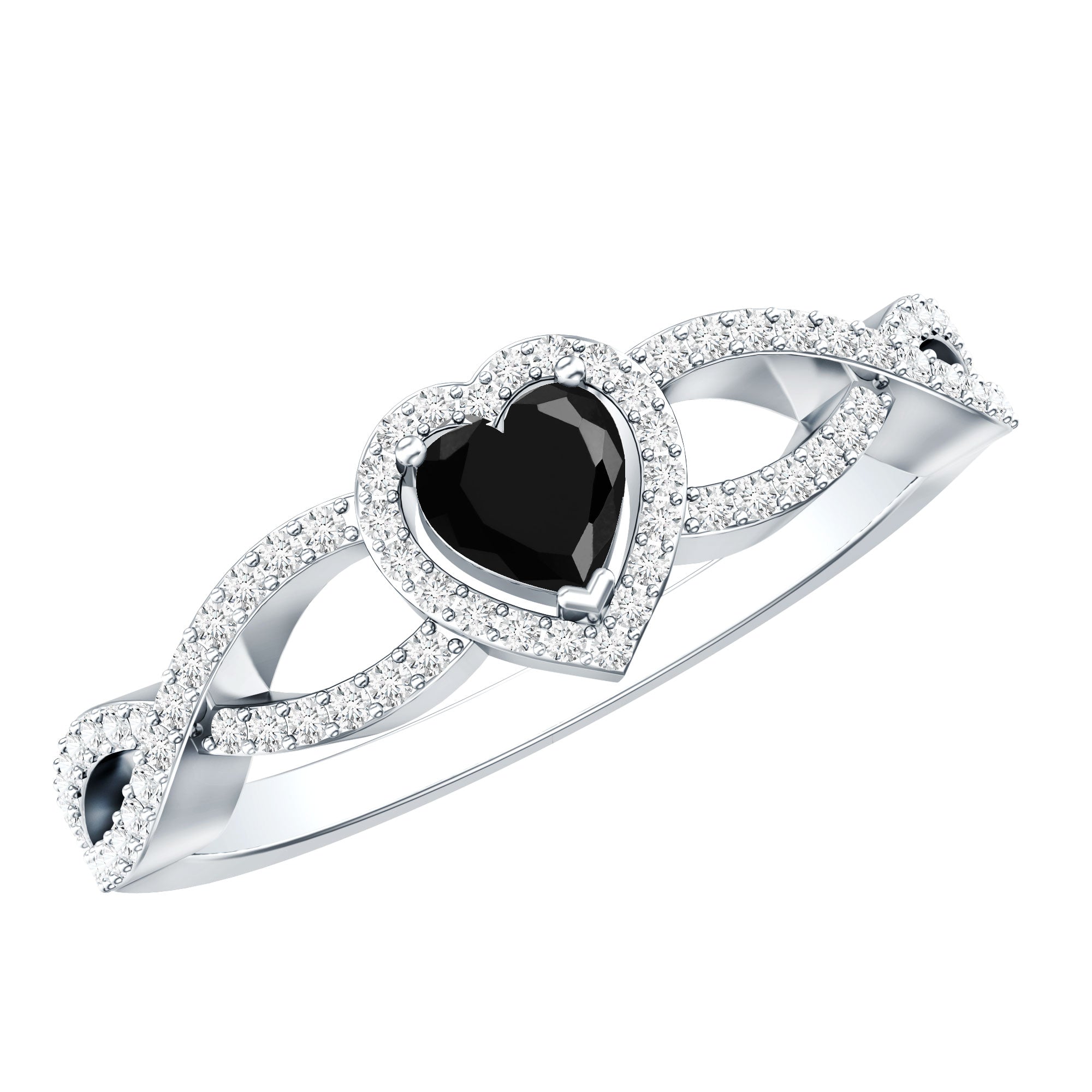 0.6 Carat Lab Grown Black and White Diamond Heart Engagement Ring with Crossover Shank
