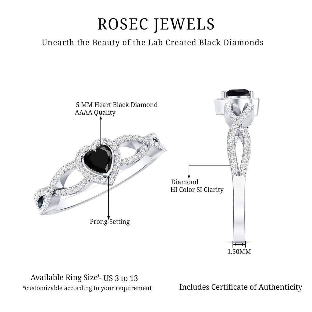 0.6 Carat Lab Grown Black and White Diamond Heart Engagement Ring with Crossover Shank