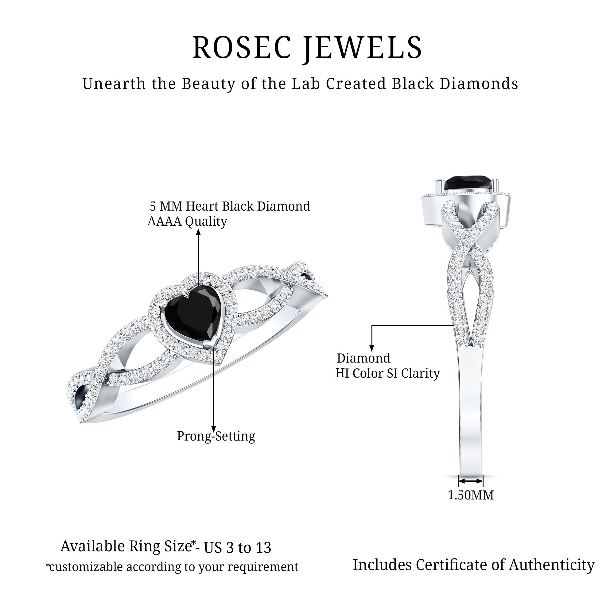 0.6 Carat Lab Grown Black and White Diamond Heart Engagement Ring with Crossover Shank