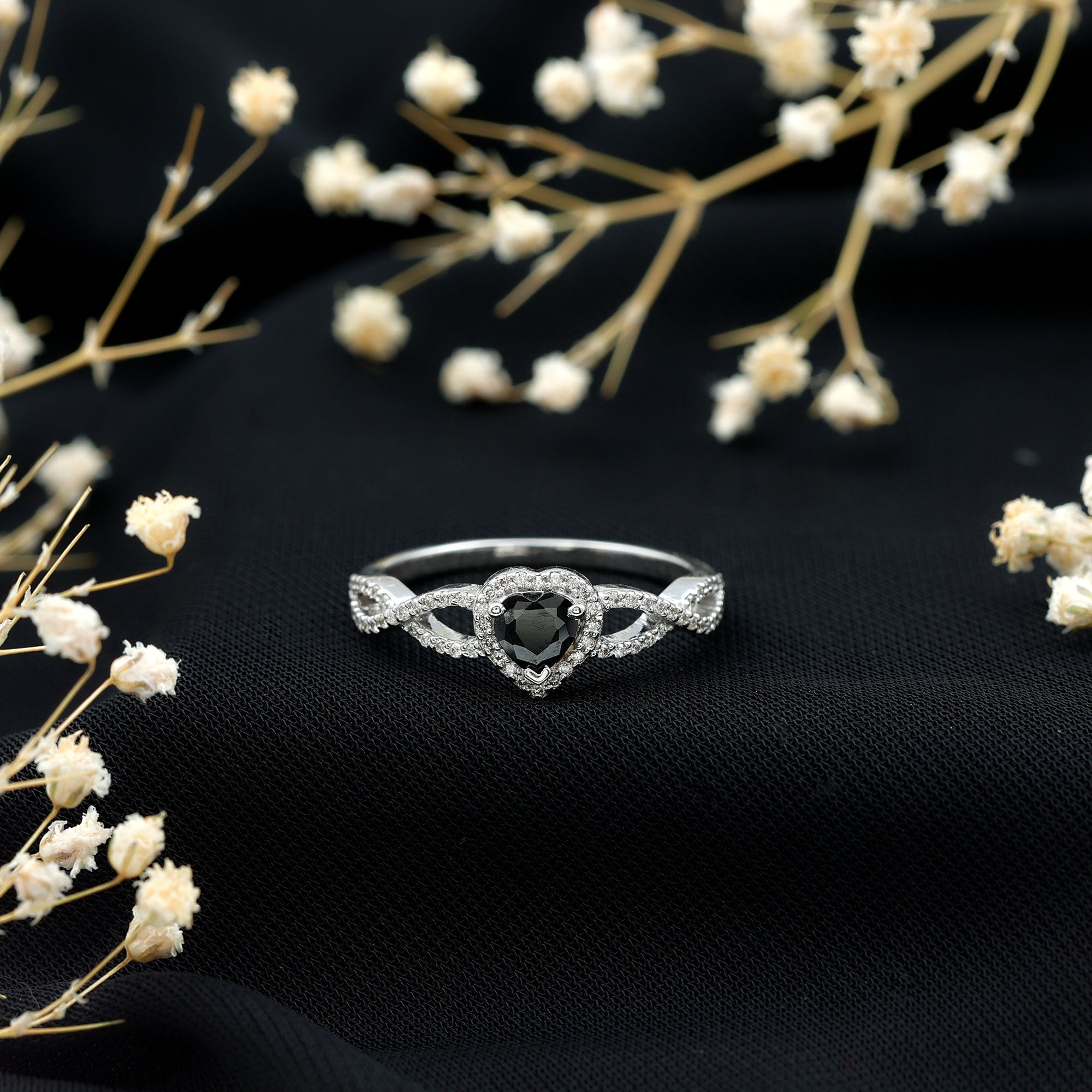 0.6 Carat Lab Grown Black and White Diamond Heart Engagement Ring with Crossover Shank