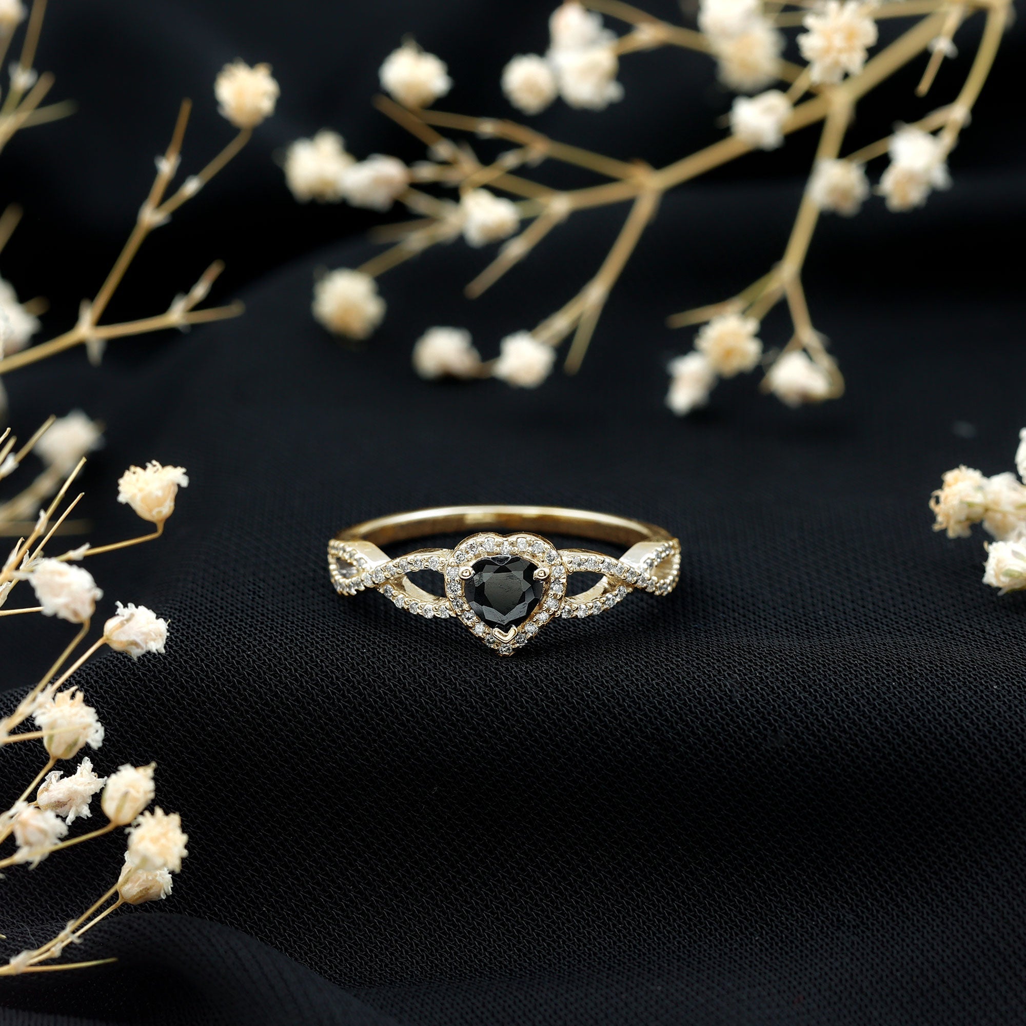 0.6 Carat Lab Grown Black and White Diamond Heart Engagement Ring with Crossover Shank