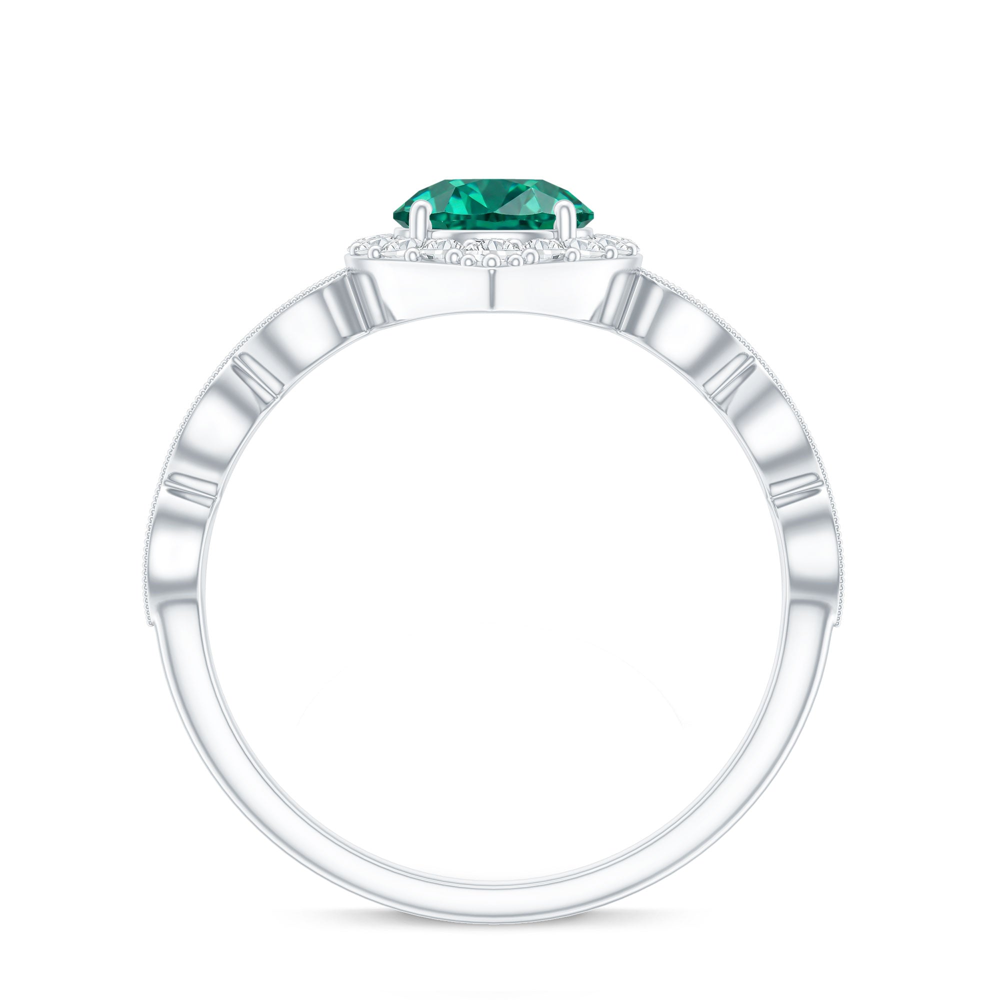 Lab Created Emerald Vintage Style Engagement Ring With Diamonds