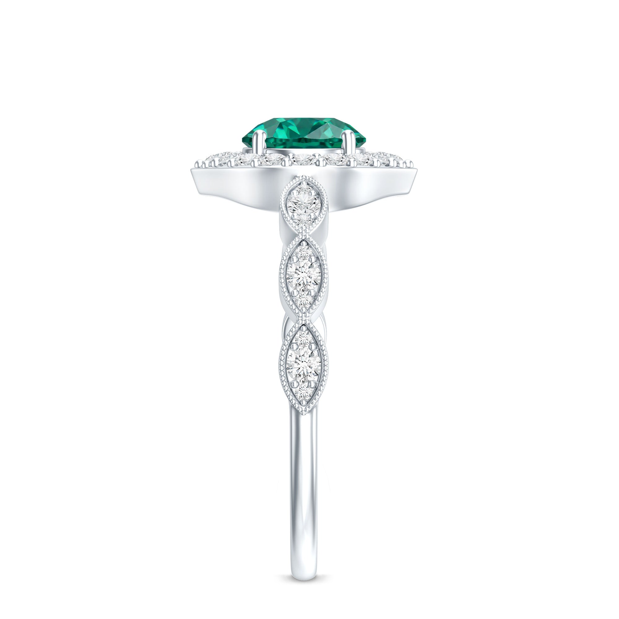 Lab Created Emerald Vintage Style Engagement Ring With Diamonds