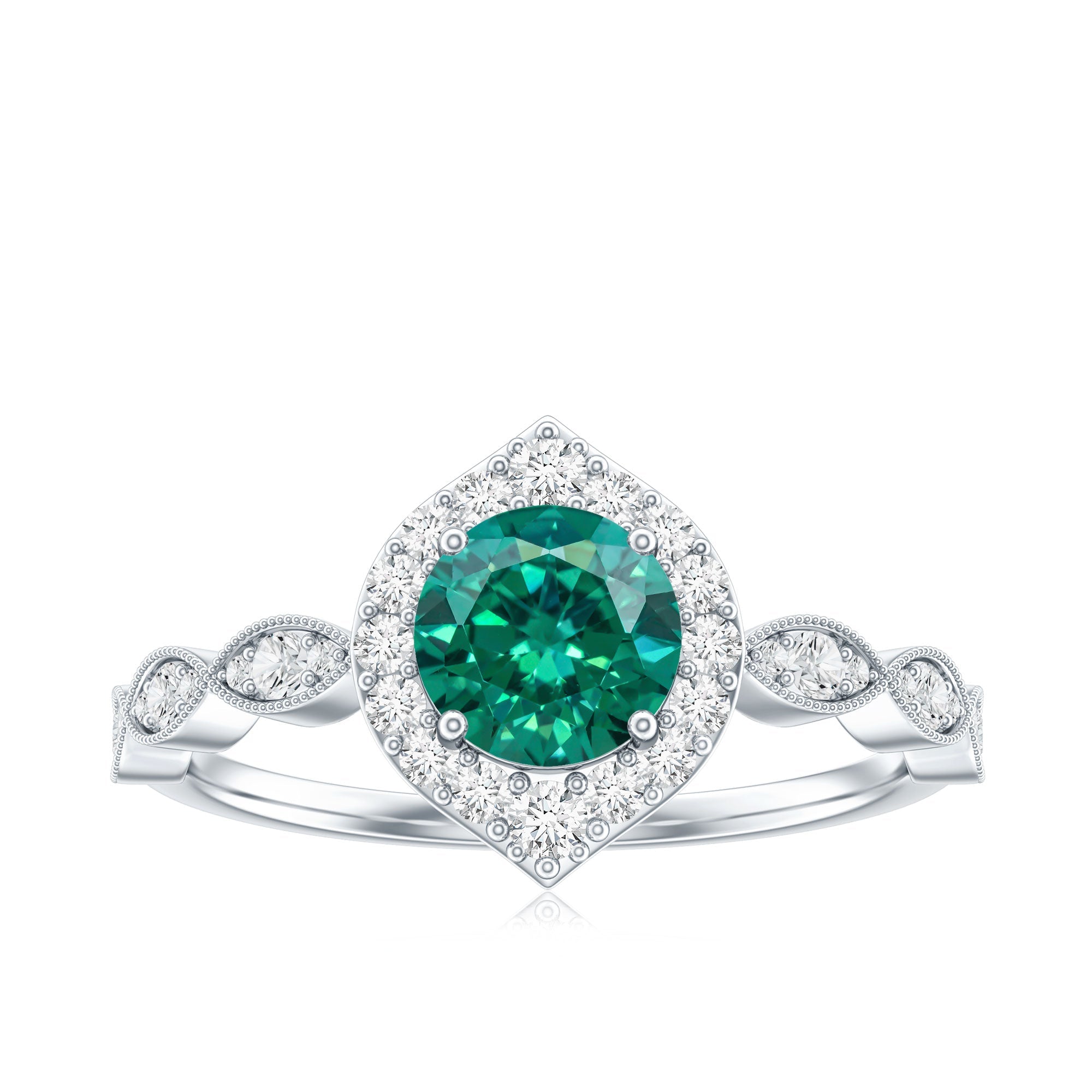 Lab Created Emerald Vintage Style Engagement Ring With Diamonds