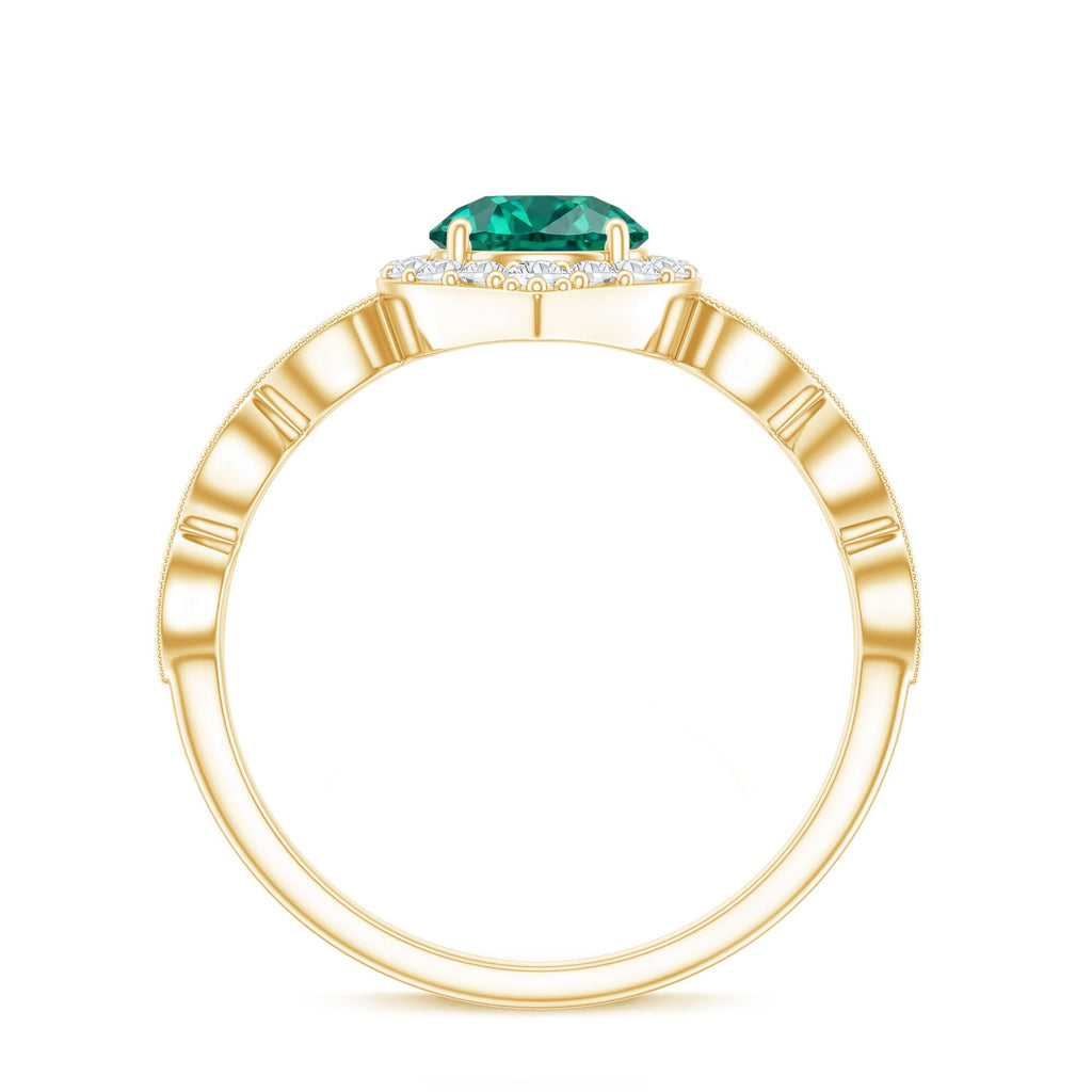 Lab Created Emerald Vintage Style Engagement Ring With Diamonds