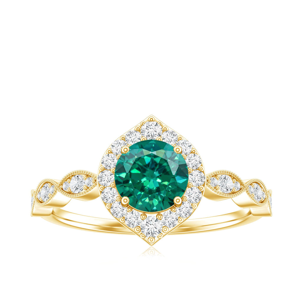 Lab Created Emerald Vintage Style Engagement Ring With Diamonds