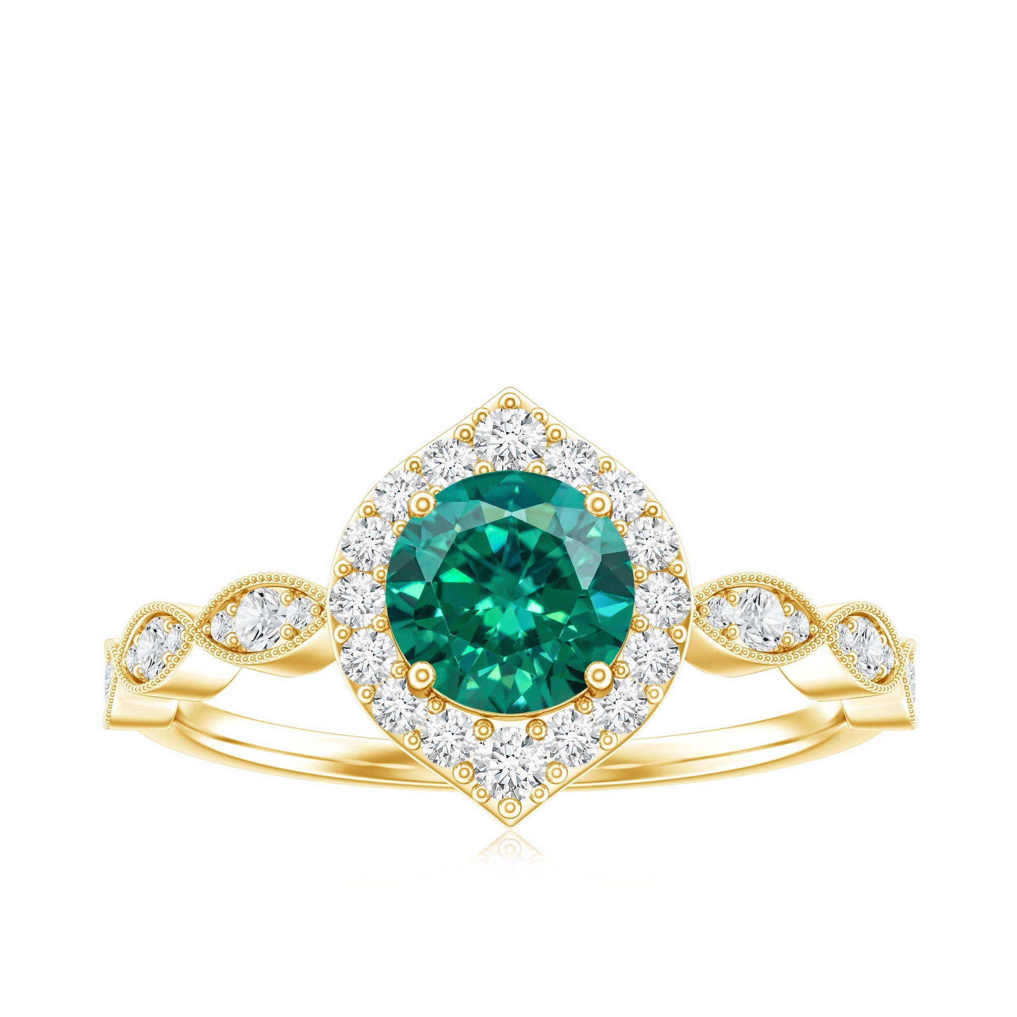 Lab Created Emerald Vintage Style Engagement Ring With Diamonds