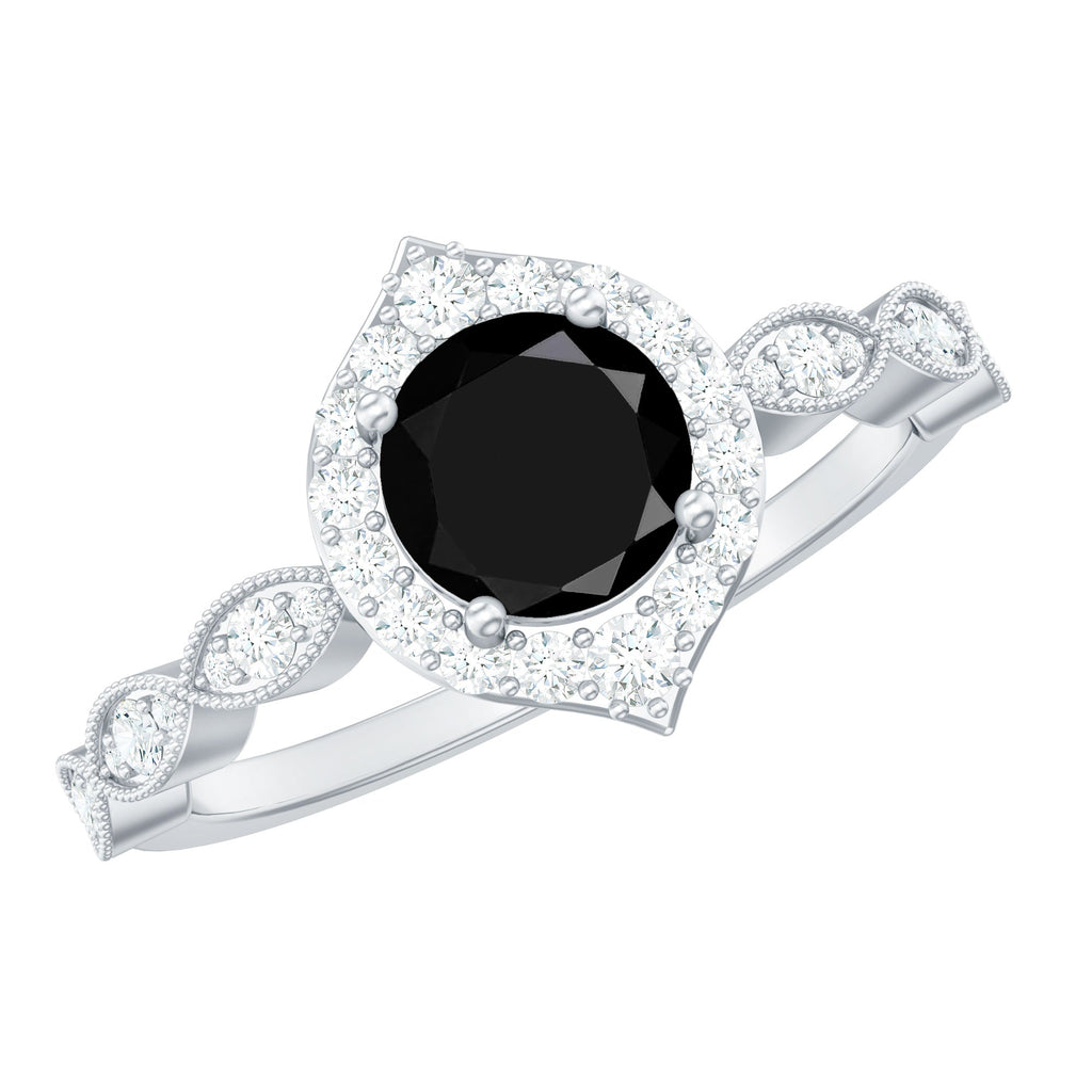 Vintage Black Spinel Engagement Ring with Diamond Halo