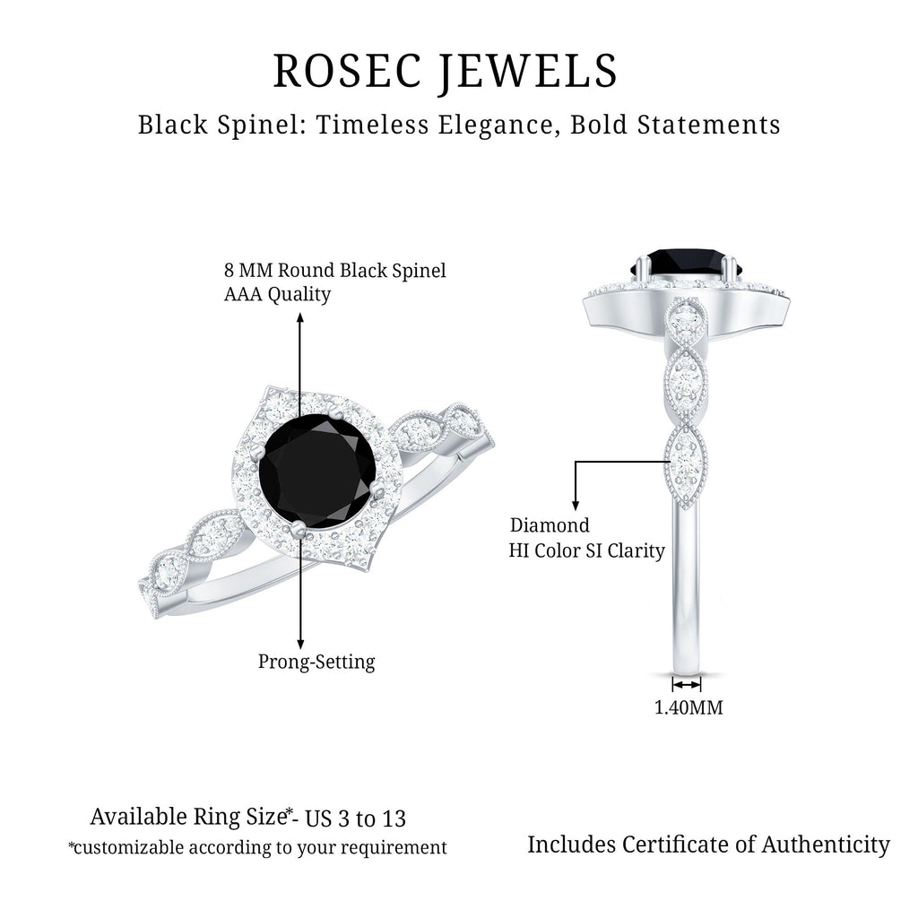 Vintage Black Spinel Engagement Ring with Diamond Halo
